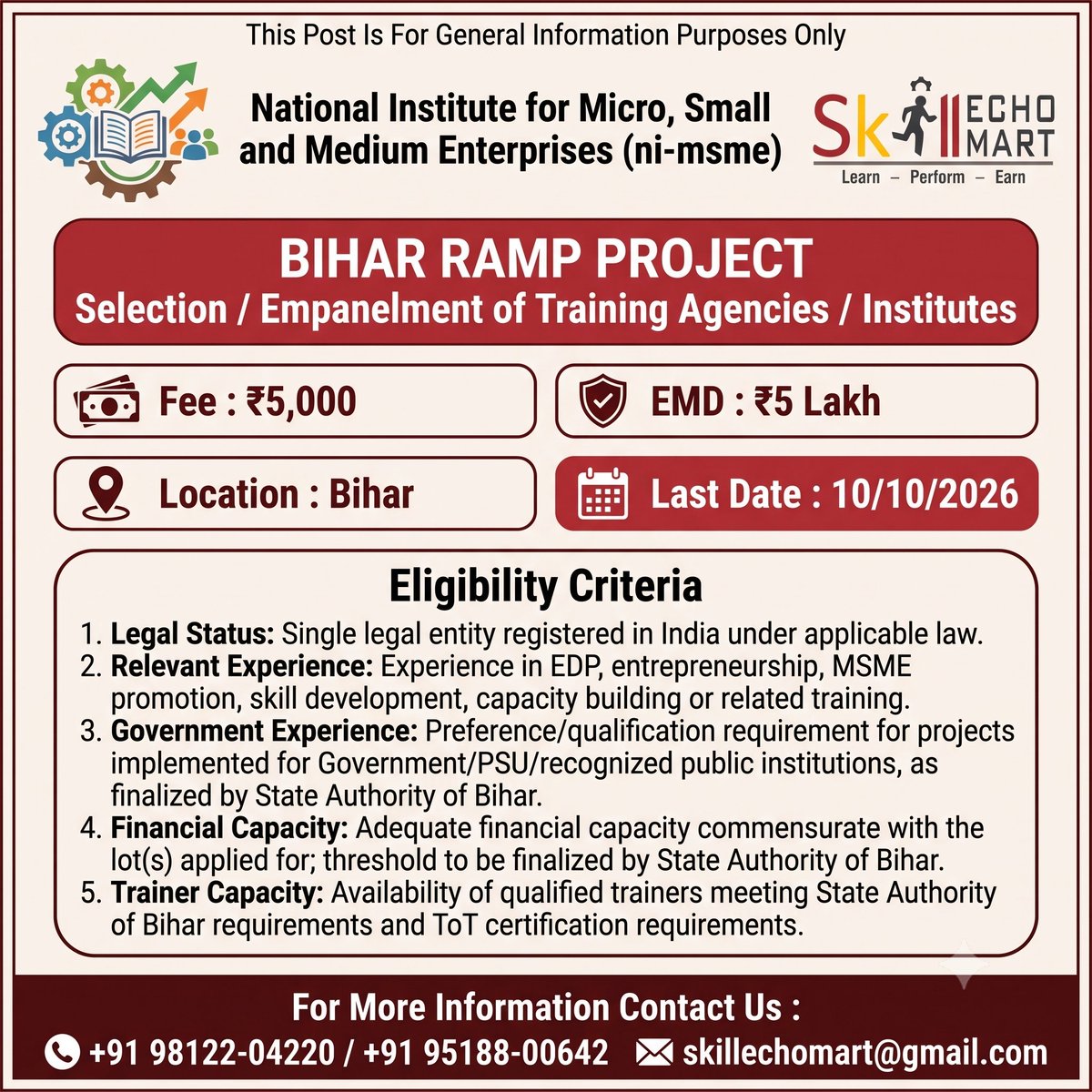 SkillEchoMart's tweet photo. Live Tender Alert | National Institute for Micro, Small and Medium Enterprises (ni-msme) | Last Date: 10-10-2026
Tender Name:
Selection of Vendor for Implementation of Bihar RAMP (Raising and Accelerating MSME Performance) Project
#Tender1391 #TenderAlert #niMSME #RAMP https://t.co/42KI1D6sZ1