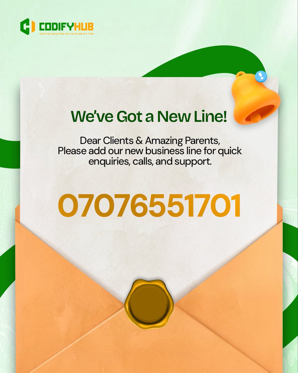 CodifyHub's tweet photo. Dear Parents &amp; Clients, we’ve upgraded our communication to serve you even better!Please save our new official line for all your quick enquiries, class updates, calls, and support:

📞💬 07076551701 (Call &amp; WhatsApp)   

Save it to your contacts today so you never miss an update https://t.co/A6K1DIMZ7O