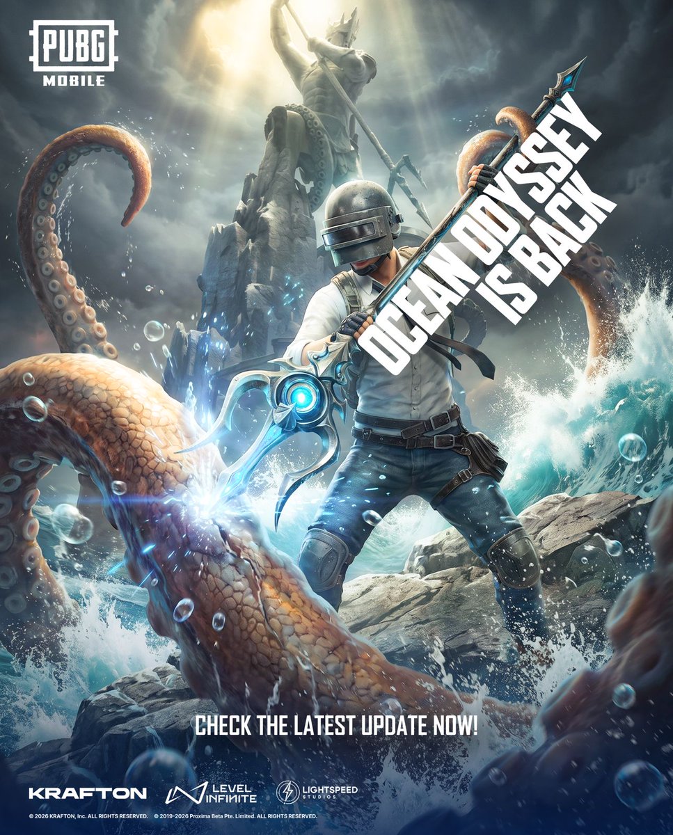PUBGMOBILE_AF's tweet photo. Dive into the action, face what lurks beneath, and conquer the Ocean Odyssey once again! ⚔️🐙
The adventure is back in PUBG MOBILE. Are you ready to return?

#PUBGMOBILE
#PUBGM460
#OceanOdyssey https://t.co/Y9UV5fFmyb