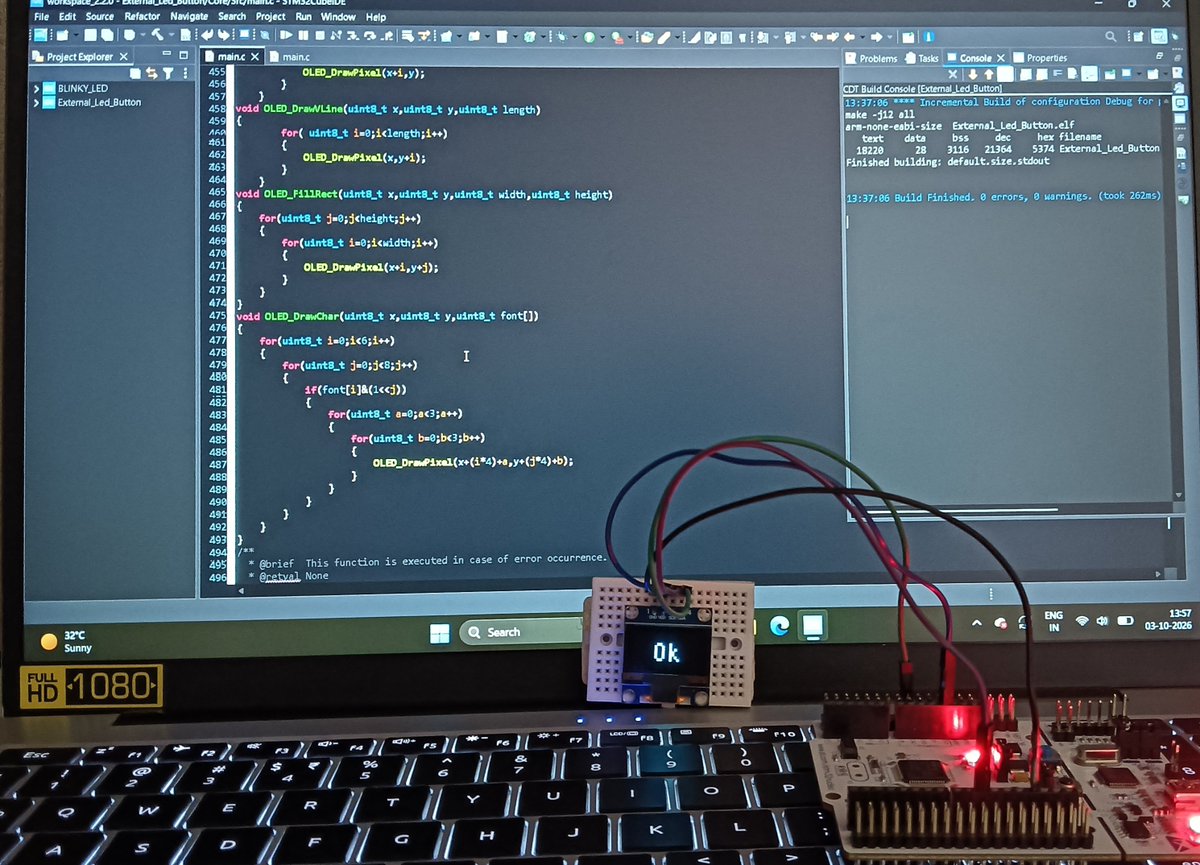 firmware_core's tweet photo. Built a custom 5x7 font engine for an SSD1306 OLED on STM32 Nucleo—completely from scratch! 🛠️️
No libraries, just raw HAL I2C, custom glyph bytes, and pixel-level rendering from a plain C string.

Who else loves ditching standard dependencies?

#STM32 #EmbeddedSystem
#Firmware https://t.co/3RCJfw8S8o