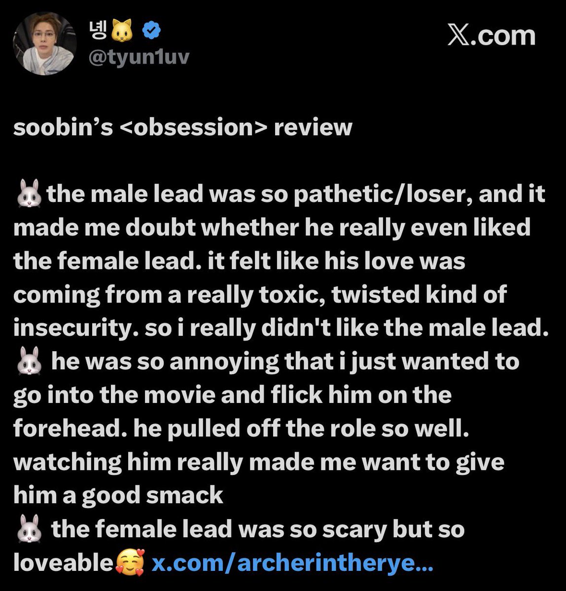 astrozzn's tweet photo. thank you Soobin for not being one of the many brain dead men who couldn’t grasp the very basic theme of obsession

FUCK bear, we love you Nikki, we love you Soobin https://t.co/mqvZDekgjp