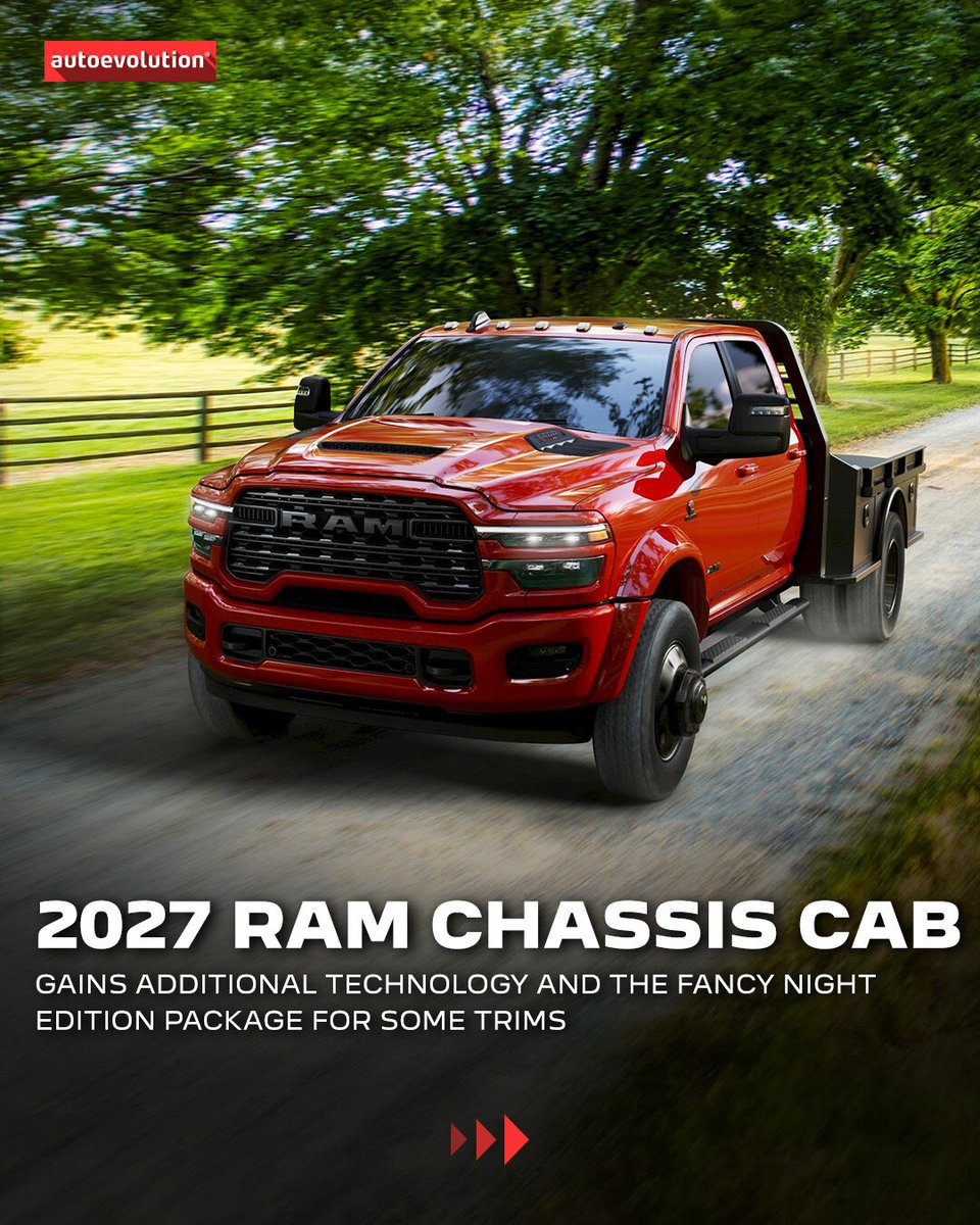 autoevolution's tweet photo. The 2027 Ram Chassis Cab lineup for the new model year includes the Tradesman, Big Horn, Night Edition, and Laramie grades along with a variety of bodies, 4x2 or 4x4, and cab-to-axle (CA) lengths.

#ram #chassiscab #rambighorn #ramnightedition #ramtradesman #ramtrucks #truck https://t.co/a8XuVKlBiw