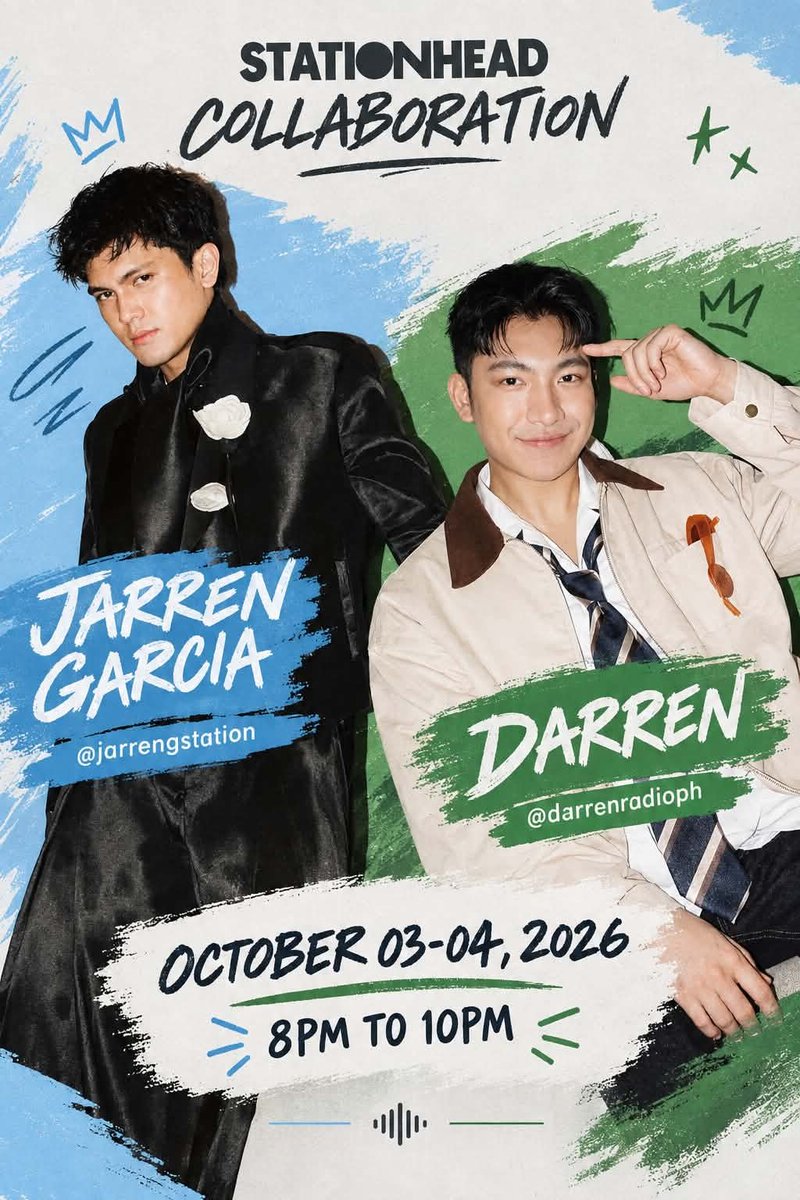 DStreamingTeam's tweet photo. Another week,Another collab!

Join us to listen best songs of Darren and Jarren on stationhead!

📆October 3-4,2026
⏰️8-10 PM PHT

SEE YOU THERE!
#DARREN #JarrenGarcia #JARRENLuvbombEP
@jarrenstation https://t.co/58Sh5158zU