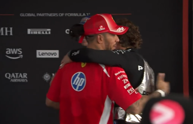 SCUDERIAFEMBOY's tweet photo. kimi congratulating lewis and max in the media pen :-) https://t.co/aOn6j0chfP
