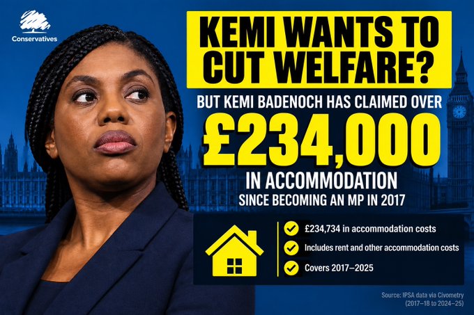 Britain_People's tweet photo. 🔴KEMI BADENOCH:  Housing Benefit 

'Taxpayers foot the £2,700 a month rent on @KemiBadenoch's six-bedroom farmhouse in Essex. 

Then she goes on telly and argues that taxpayers shouldn't subsidise other people's rent.'  

-@David__Osland https://t.co/5dIKxnyDfH