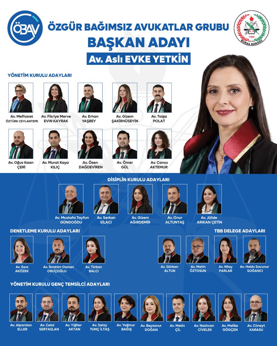 obavbursa's tweet photo. Değerli meslektaşlarımız 
Hukukun üstünlüğünü, avukatlık mesleğini, ülkeyi, yurttaşı, insan haklarını, laikliği,  özgürlüğü, demokrasiyi, doğayı, çevreyi, emeği, kadını, çocuğu, hayvanları ve  tüm yaşamı dert edinen; haksızlıklara karşı mücadele eden, korkmayan, boyun eğmeyen avukat ve Baro anlayışına sahip tüm adaylarımızla 17/18 Ekim' de yapılacak genel kurulumuzda Bursa Barosu yönetimine talibiz.

Saygılarımızla.
@aslievke 

#özgürvebağımsızavukatlargrubu
#rengimizmavilistemizmavi