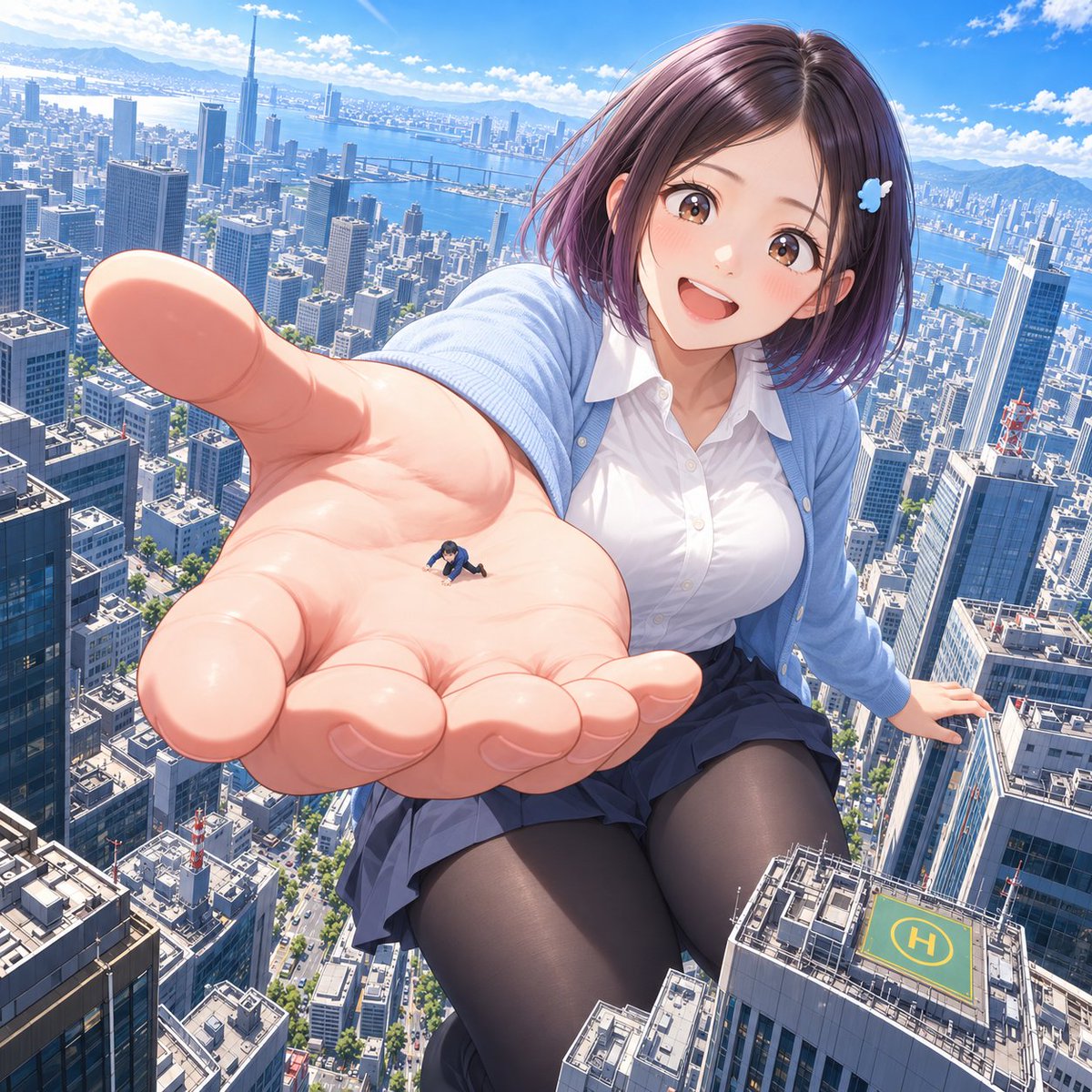 Kotsubu_size's tweet photo. 生成AIで、私のイラスト版を作ってみました！

あれ…これ、身長1000mくらいありそうじゃないですか…？
私は150mまでしか大きくなったことがないので、
ここまで大きいと、怖くて一歩も動けなくなりそうです…。
手のひらに乗っているのは、マネージャーさんかな？
でも、この比率だと…
マネージャーさんまで巨人になってません…！？

#巨大娘 #高峰小粒