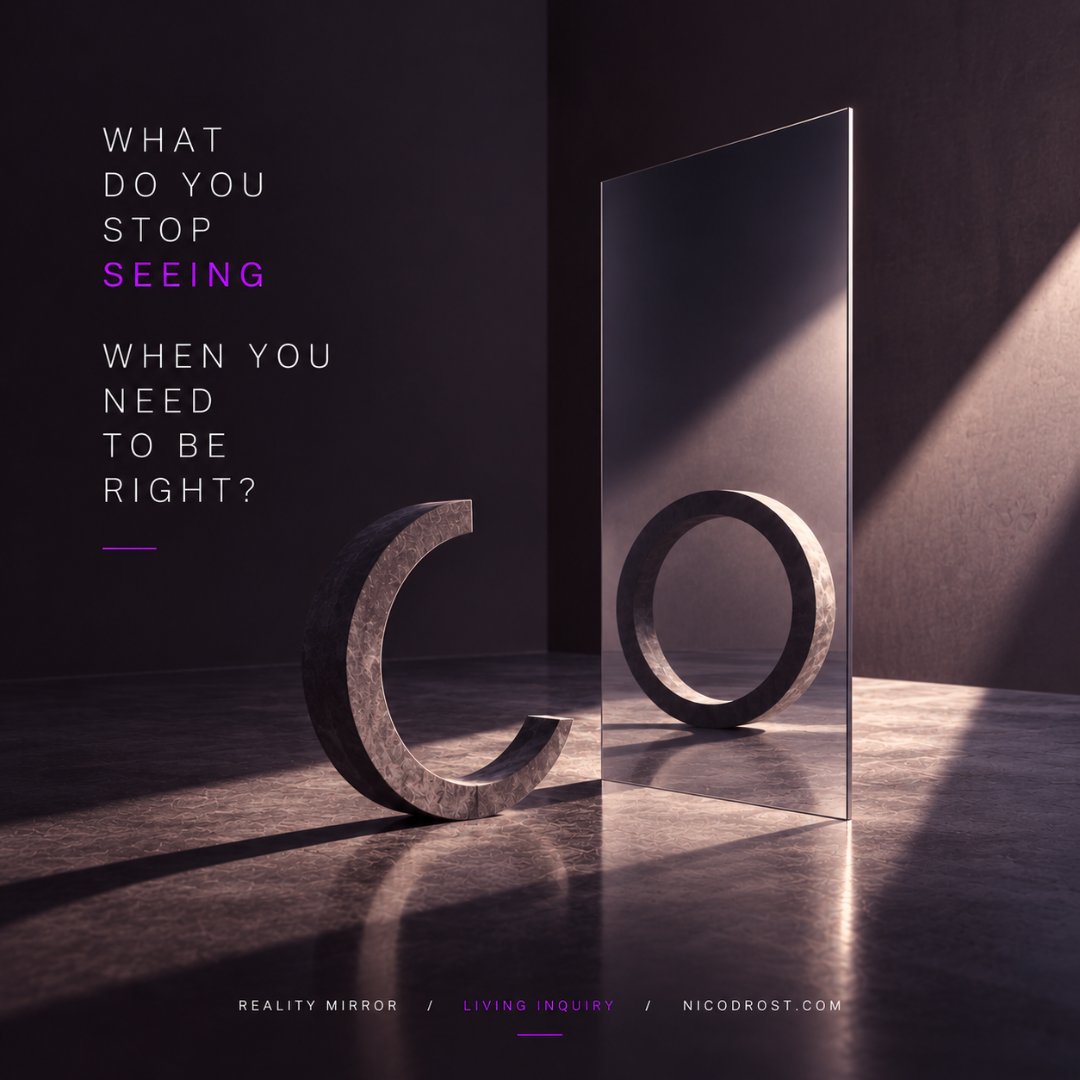 NDrost93046's tweet photo. Being right is not the problem.

The question is what happens when being right becomes 
necessary, we select, defend, explain.

And gradually, we may stop seeing.

Not because reality disappeared.

What do I stop seeing when I need to be right?

#RealityMirror #LivingInquiry https://t.co/vky8ioEm1h