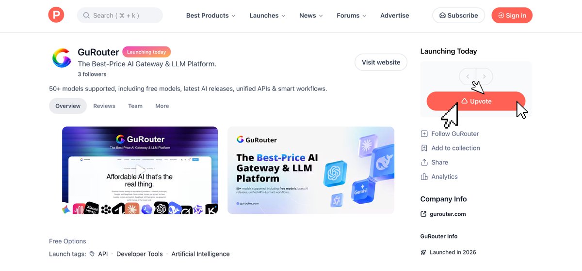 GuRouterAI's tweet photo. GuRouter is now live on @ProductHunt! 🚀

Upvote, post a screenshot, and tag @GuRouter. We’ll send you a $1 credit gift!

⚠️ Limited to the first 100 people - hurry!

#Ai #ProductHunt #GuRouter #Gift