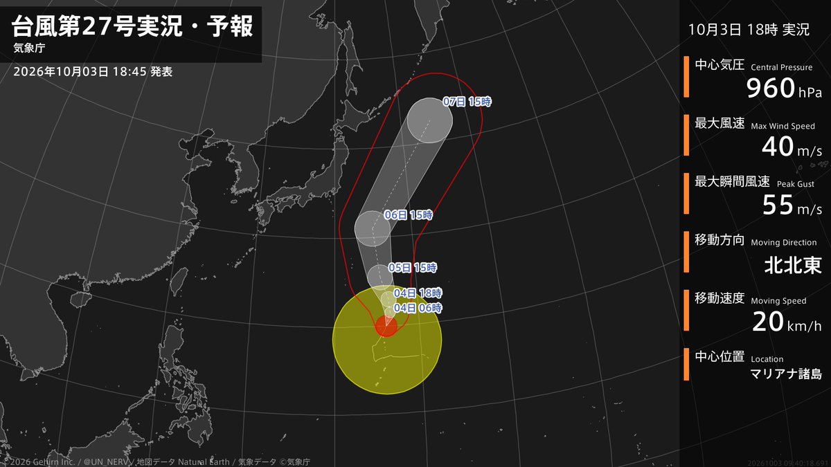 UN_NERV's tweet photo. 【台風第27号実況・予報 2026年10月03日 18:40】
大型で強い台風第27号（チョーイワン）は、マリアナ諸島を1時間に20キロの速さで北北東に進んでいます。 https://t.co/9GMqA8wMZa