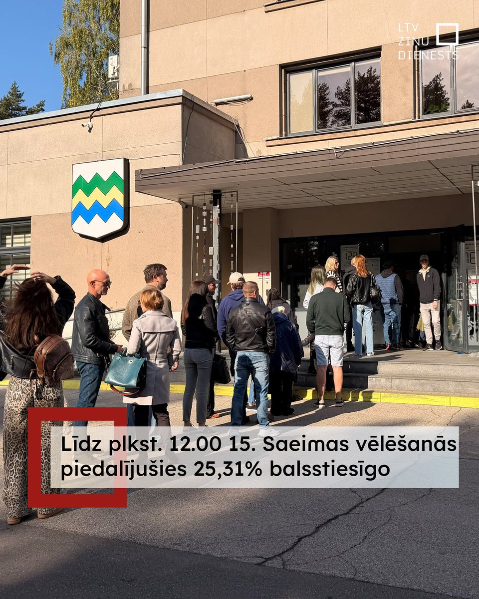 ltvpanorama's tweet photo. Līdz pl. 12.00 15. Saeimas vēlēšanās nobalsojuši kopumā 394 249 vēlētāji jeb 25,31% balsstiesīgo. Aktivitāte šajās Saeimas vēlēšanās līdz pl. 12, ņemot vērā arī tos vēlētājus, kuri balsi nodeva glabāšanā iepriekšējās dienās, ir nedaudz lielāka kā iepriekšējās Saeimas vēlēšanās. https://t.co/p6r5OIQWGx