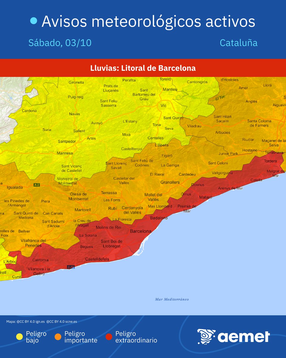 AEMET_Esp's tweet photo. ⚠️🔴 AVISOS ROJOS | Lluvias torrenciales en zonas de Barcelona y Girona.

➡️ Se podrán superar 90 l/m² en una hora y 200 l/m² en menos de 6 horas.

➡️ Situación muy adversa la noche del sábado y primera mitad del domingo. Posibles inundaciones y crecidas. ¡Peligro extraordinario! https://t.co/s9LTIA0khu