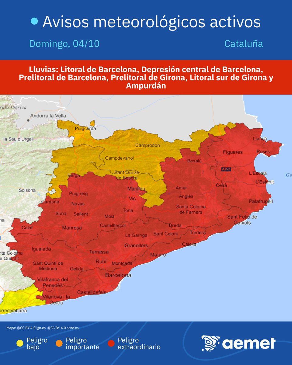 AEMET_Esp's tweet photo. ⚠️🔴 AVISOS ROJOS | Lluvias torrenciales en zonas de Barcelona y Girona.

➡️ Se podrán superar 90 l/m² en una hora y 200 l/m² en menos de 6 horas.

➡️ Situación muy adversa la noche del sábado y primera mitad del domingo. Posibles inundaciones y crecidas. ¡Peligro extraordinario! https://t.co/s9LTIA0khu