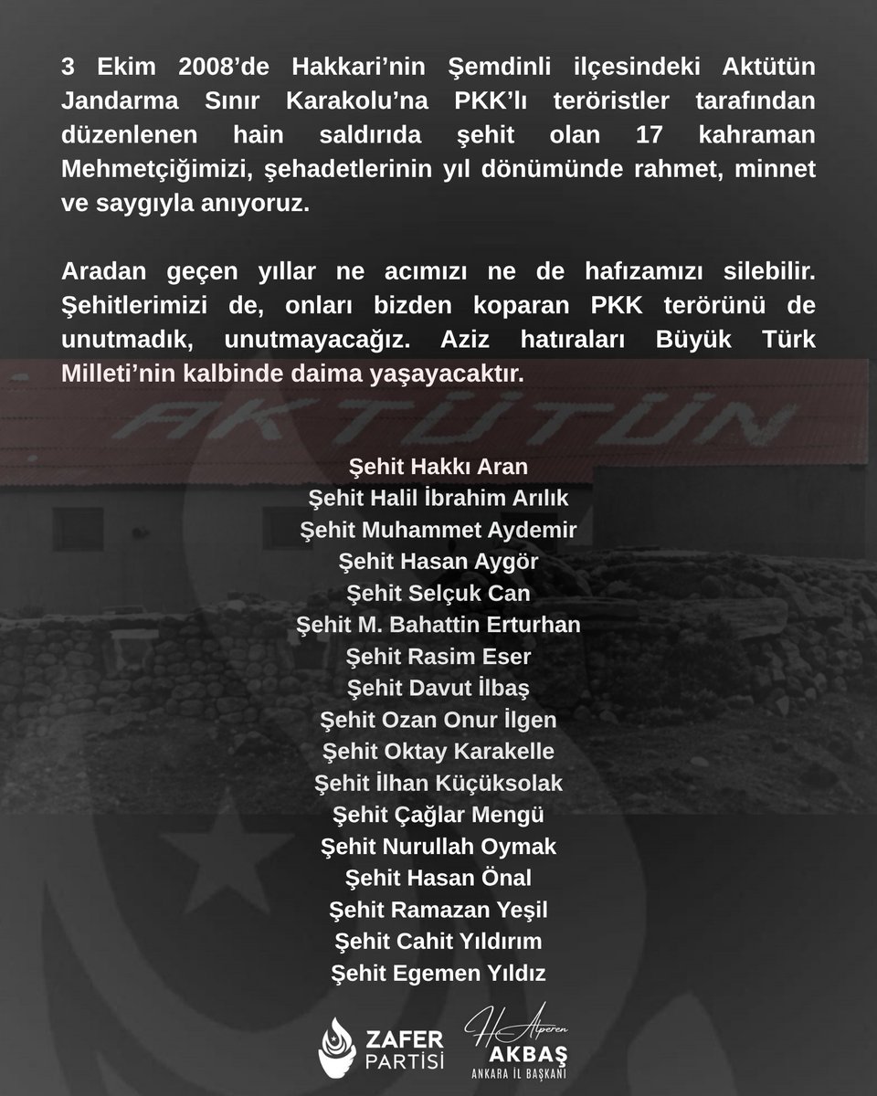 ZaferPartisi06's tweet photo. 3 Ekim 2008’de Hakkari’nin Şemdinli ilçesindeki Aktütün Jandarma Sınır Karakolu’na PKK’lı teröristler tarafından düzenlenen hain saldırıda şehit olan 17 kahraman Mehmetçiğimizi, şehadetlerinin yıl dönümünde rahmet, minnet ve saygıyla anıyoruz. 

Aradan geçen yıllar ne acımızı ne de hafızamızı silebilir. Şehitlerimizi de, onları bizden koparan PKK terörünü de unutmadık, unutmayacağız. Aziz hatıraları Büyük Türk Milleti’nin kalbinde daima yaşayacaktır.

Şehit Hakkı Aran
Şehit Halil İbrahim Arılık
Şehit Muhammet Aydemir
Şehit Hasan Aygör
Şehit Selçuk Can
Şehit M. Bahattin Erturhan
Şehit Rasim Eser
Şehit Davut İlbaş
Şehit Ozan Onur İlgen
Şehit Oktay Karakelle
Şehit İlhan Küçüksolak
Şehit Çağlar Mengü
Şehit Nurullah Oymak
Şehit Hasan Önal
Şehit Ramazan Yeşil
Şehit Cahit Yıldırım
Şehit Egemen Yıldız

@umitozdag 
@zaferpartisi 
@avalperenakbas