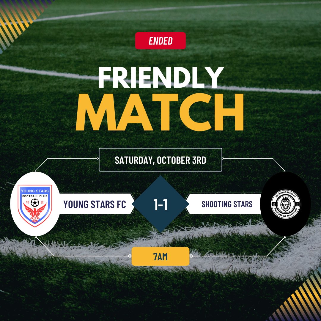 OurYoungStars's tweet photo. A point each
Young Stars FC and Shooting Stars shared the spoils in this morning’s friendly, 1-1

Both sides put in a proper shift, traded chances, and walked off with something to build on

Not the result we both wanted, but a fair one.
On to the next https://t.co/hxR5TkdIUq