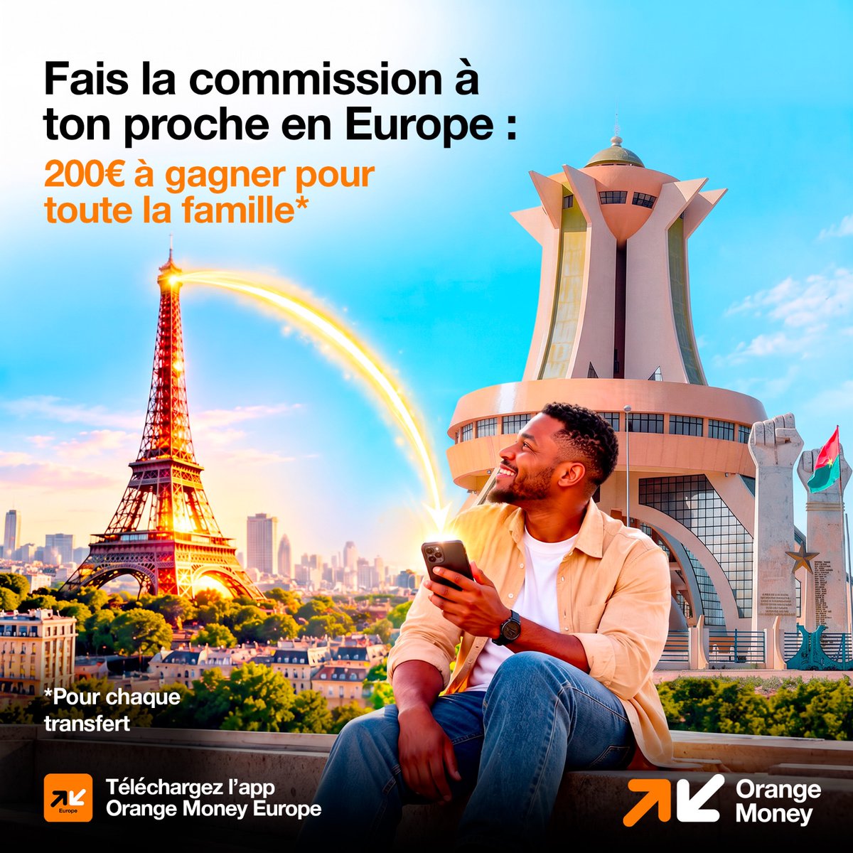Orangemoneybf's tweet photo. Un transfert, une chance de gagner 200 € ! 🎁

Envoyez de l’argent via Orange Money Europe vers le Burkina Faso et tentez automatiquement votre chance de gagner 200 €.

📲 Transférez, faites plaisir à vos proches et tentez votre chance !

#OrangeMoneyEurope #OrangeMoneyBurkina https://t.co/vITuQxkciG