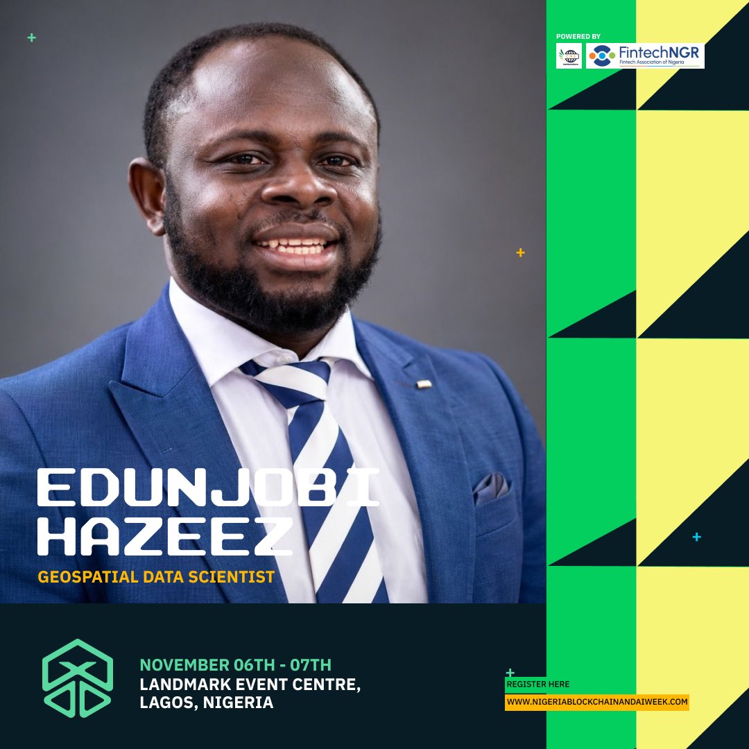 Nbaweek_Ng's tweet photo. What happens when geospatial science, AI and climate technology come together to solve real-world problems?

Dr. Edunjobi Hazeez Owolabi @ehayzed joins us at Nigeria Blockchain & AI Week 2026 to share insights on how data, machine learning and geospatial intelligence are shaping smarter solutions.

As a Geospatial Data Scientist, Lecturer at Lagos State University, and Lead Architect behind SubStrata-AI, Dr. Owolabi’s work spans groundwater detection, subsurface exploration, predictive modelling and climate-risk forecasting.

📍 Landmark Event Centre, Lagos
📅 November 6–7, 2026

Powered by @fintechngr @CoinNewsExtraTv 

#NigeriaBlockchainAndAIWeek #NBAIW2026 #FintechNGR #AI #GeospatialAI #DataScience #ClimateTech