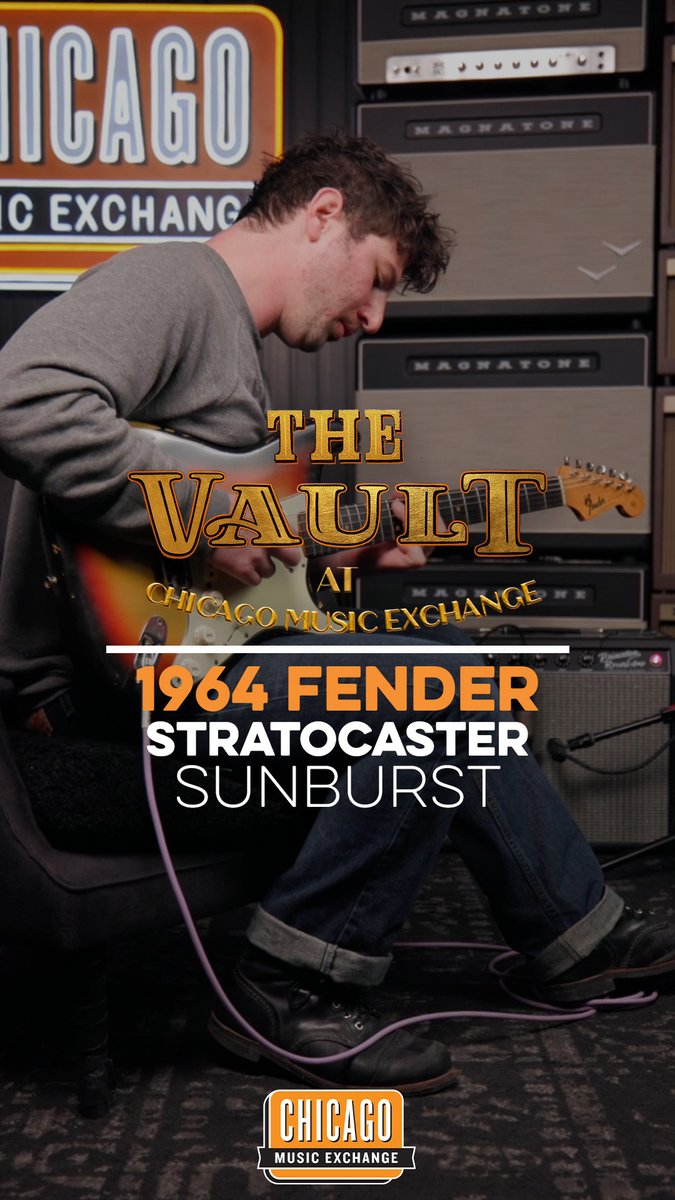 Promotional poster for Chicago Music Exchange's 'The Vault' featuring a 1964 Fender Stratocaster Sunburst, showing a man playing the guitar in front of Magnatone amplifiers.
