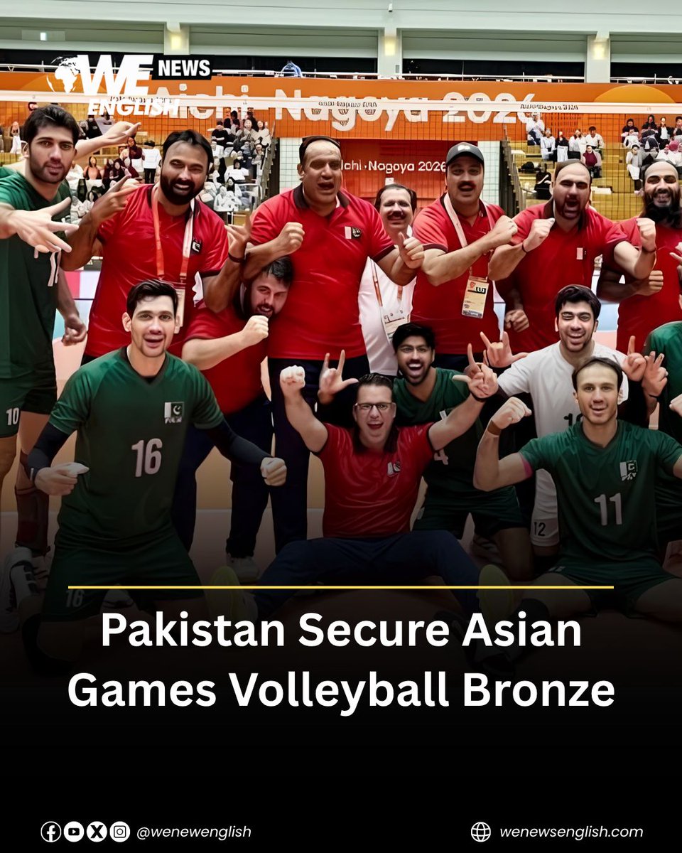 WENewsEnglish's tweet photo. Pakistan’s men’s volleyball team has secured a bronze medal at the 2026 Asian Games in Aichi-Nagoya, adding another podium finish for the country.

Pakistan advanced to the semi-finals after a 3-0 quarter-final victory over India and continued its medal campaign in the men’s volleyball competition.

Visit the link in our bio for the full story.

#Pakistan #AsianGames2026 #Volleyball #AsianGames