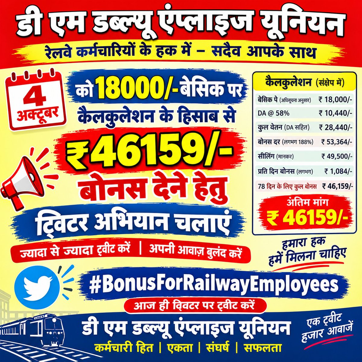 IndianIref's tweet photo. कल 4 अक्टूबर को ट्विटर अभियान 
18000/- बेसिक पर कैलकुलेशन के हिसाब से 46159/- बोनस दो 
#Bonus46159Do https://t.co/fanaAs7XGE