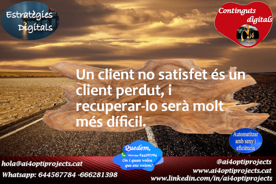 ai4_media's tweet photo. Els vostres clients demanen un nivell de servei més alt?
Un nivell no satisfet és un client perdut, i recuperar-lo serà molt més díficil.
#SolucionsAi4 #GestioEficient #Optimitzacio https://t.co/w4oq342J1h