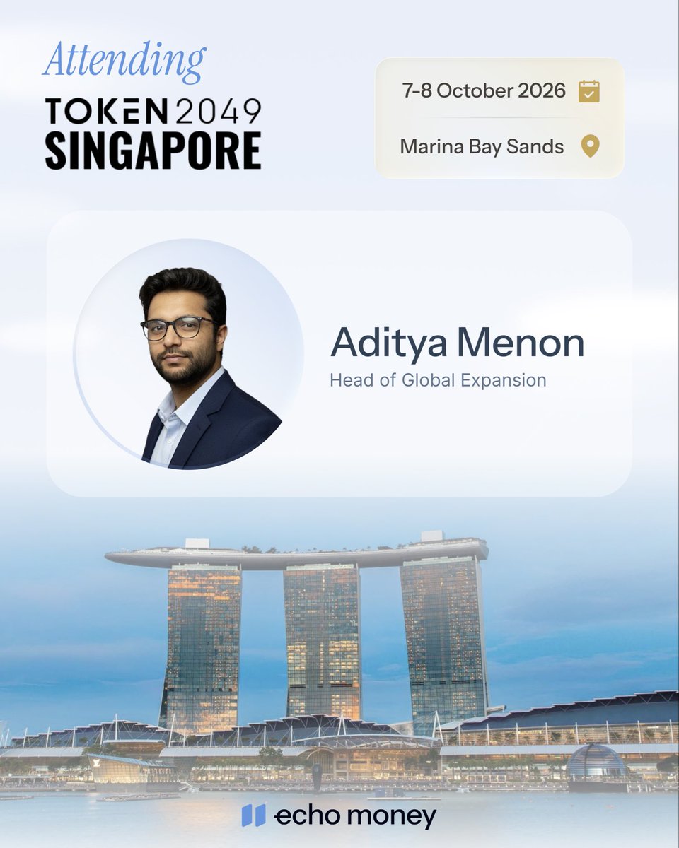 echomoneyHQ's tweet photo. See you at @token2049 Singapore 🇸🇬

Aditya Menon, Head of Global Expansion at @echomoneyHQ, will be at Marina Bay Sands on Oct 7–8.

He’ll be meeting payment partners, local infrastructure providers, and teams building across global money movement.

If there’s an opportunity to build together, let’s talk.