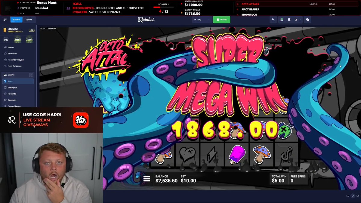 A streamer reacts in shock on Rainbet during an "Octo Attack" slot game, celebrating a $1,868.00 super mega win with a balance of $2,535.50 after a dramatic last-spin turnaround from a dead bonus.