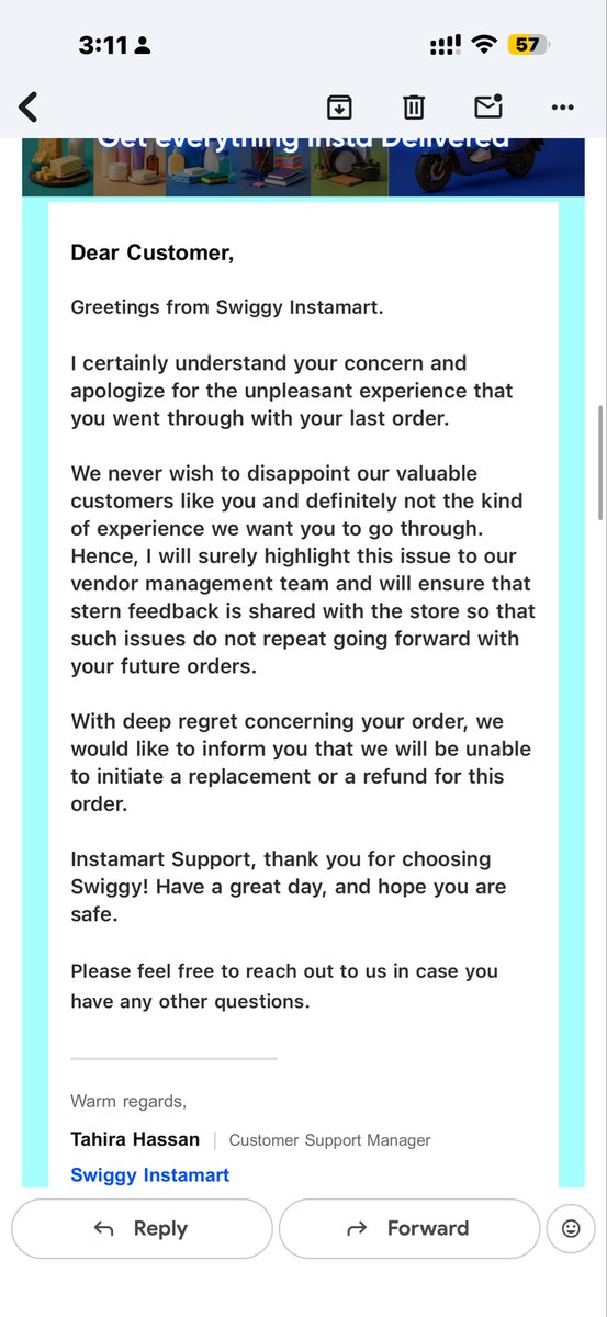 hsvijaykumar08's tweet photo. @SwiggyCares @instamart_it @InstamartS @Swiggy Thank you for reply 
I mail the all details but they said not possible return or refund amount 

order id  #249718838985897
@Swiggy @SwiggyCares @instamart_it https://t.co/SPN8twyAXv