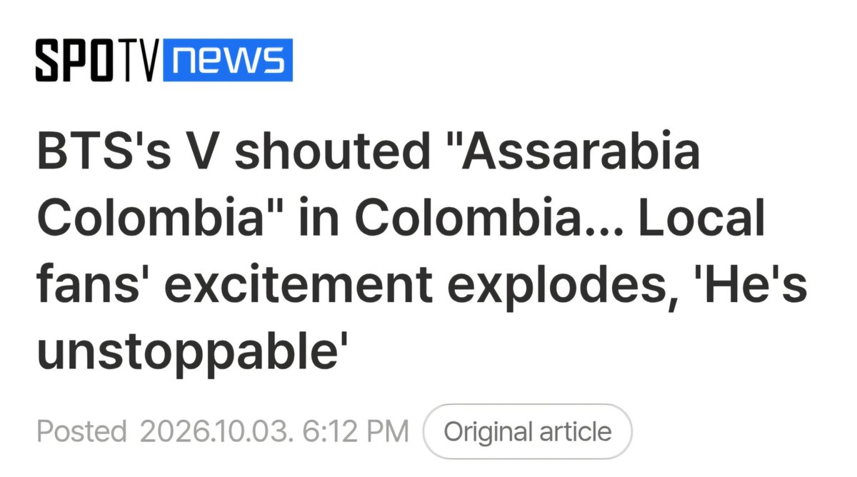 111taekim1111's tweet photo. 'BTS's V shouted "Assarabia Colombia" in Colombia... Local fans' excitement explodes, 'He's unstoppable''

'BTS V, a shocking remark that turned Colombia upside down… “Assarabia Colombia”'

No matter where he goes, he us such a 👑 ATTENTION KEEPER INDEED https://t.co/plt3hWOKjY