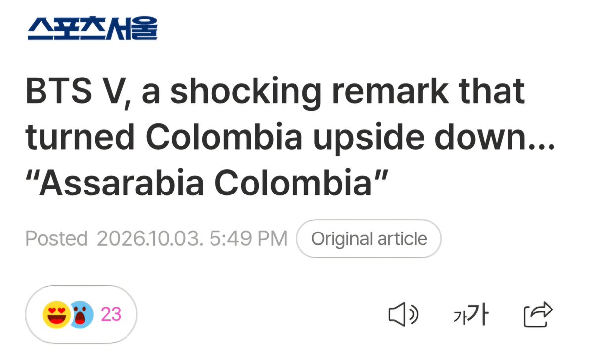 111taekim1111's tweet photo. 'BTS's V shouted "Assarabia Colombia" in Colombia... Local fans' excitement explodes, 'He's unstoppable''

'BTS V, a shocking remark that turned Colombia upside down… “Assarabia Colombia”'

No matter where he goes, he us such a 👑 ATTENTION KEEPER INDEED https://t.co/plt3hWOKjY