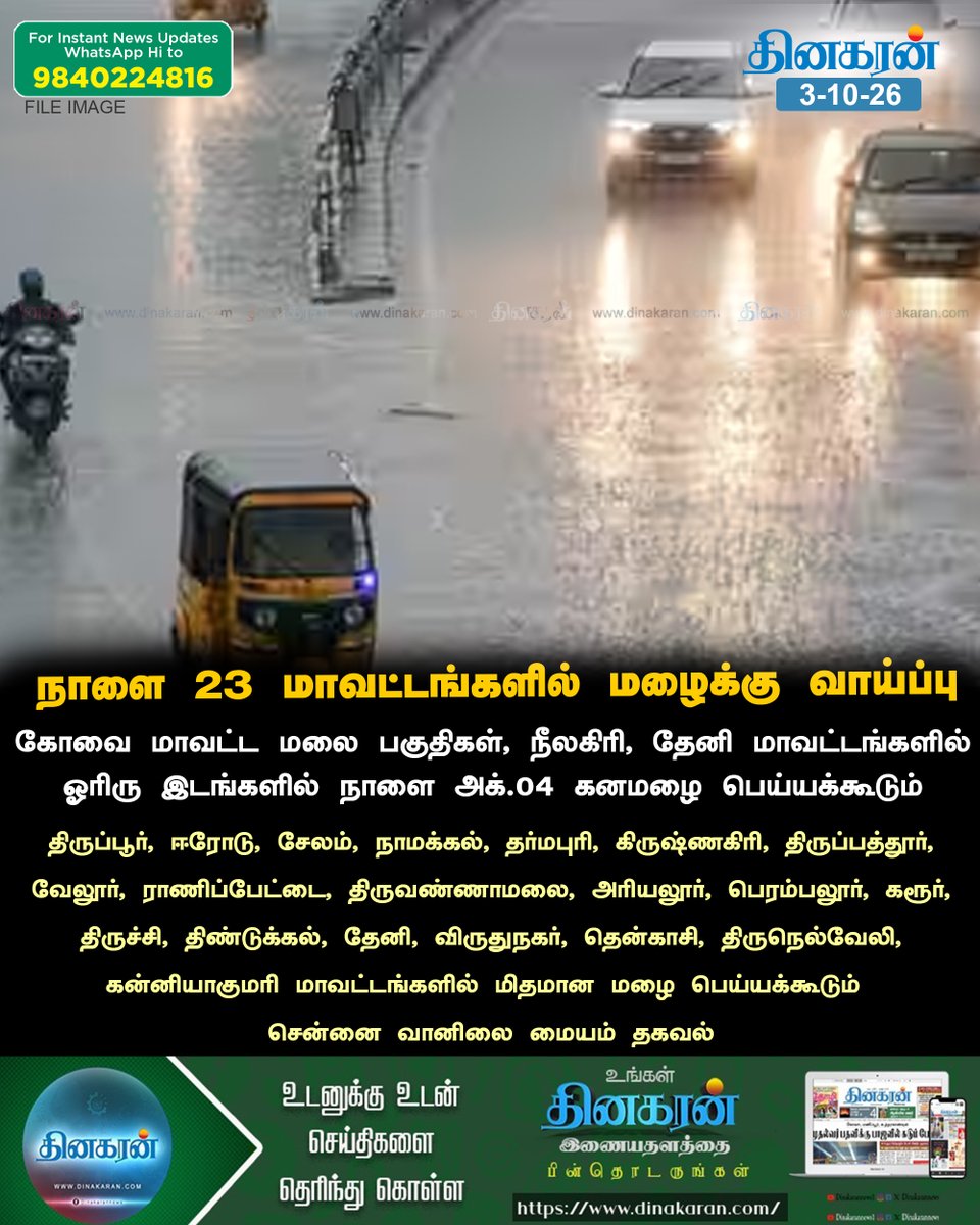 DinakaranNews's tweet photo. நாளை 23 மாவட்டங்களில் மழைக்கு வாய்ப்பு
#DinakarenNews #TNWeatherreport #Rain https://t.co/gkqxN2uXSf