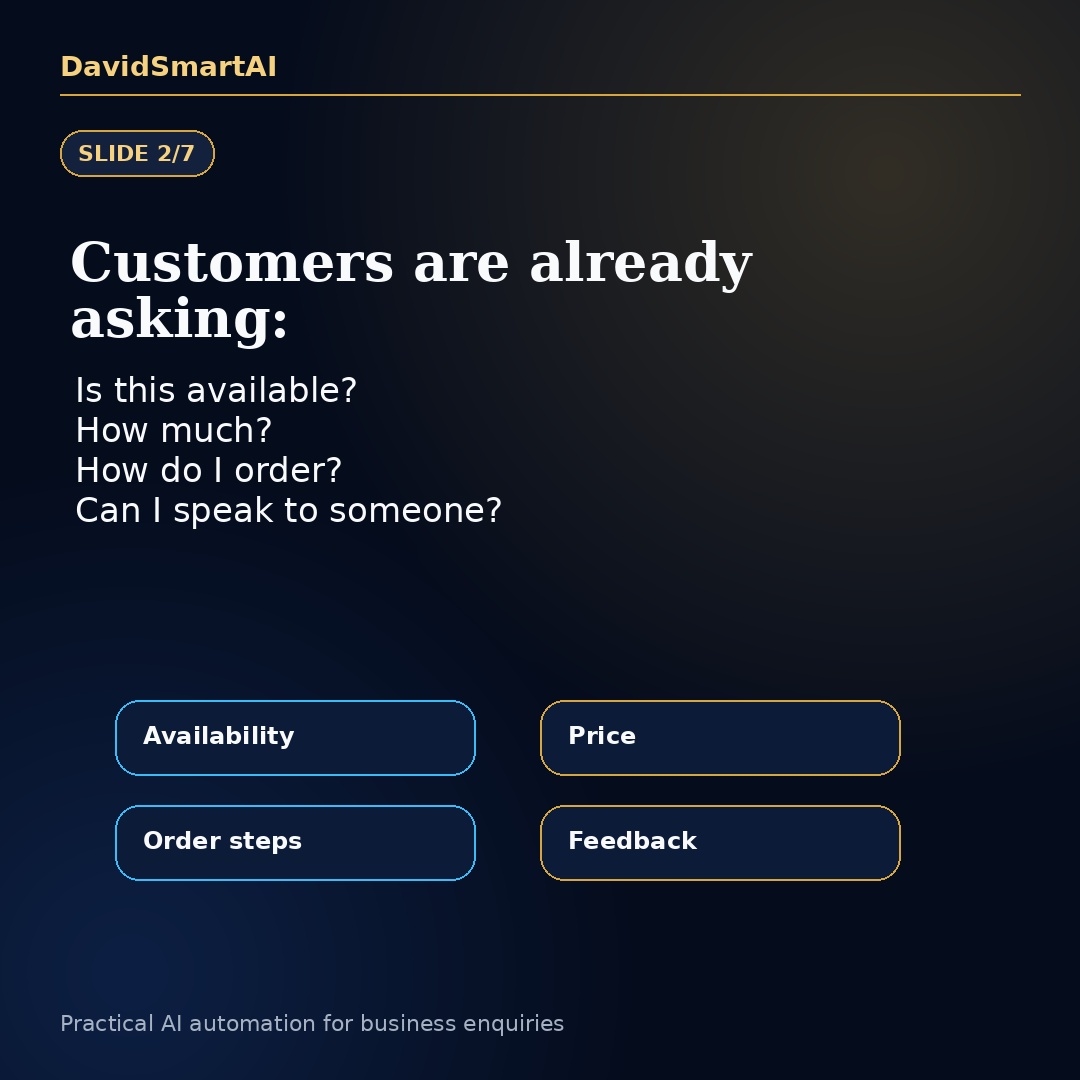 davidsmartai's tweet photo. Your business needs a front desk, even without an office.

Enquiries come through WhatsApp, calls, DMs and referrals.

If nobody captures and follows them up, opportunities disappear.

Practical AI can support intake, FAQs, reminders and human handoff.

DM FRONT DESK. https://t.co/dilxAAE9jC