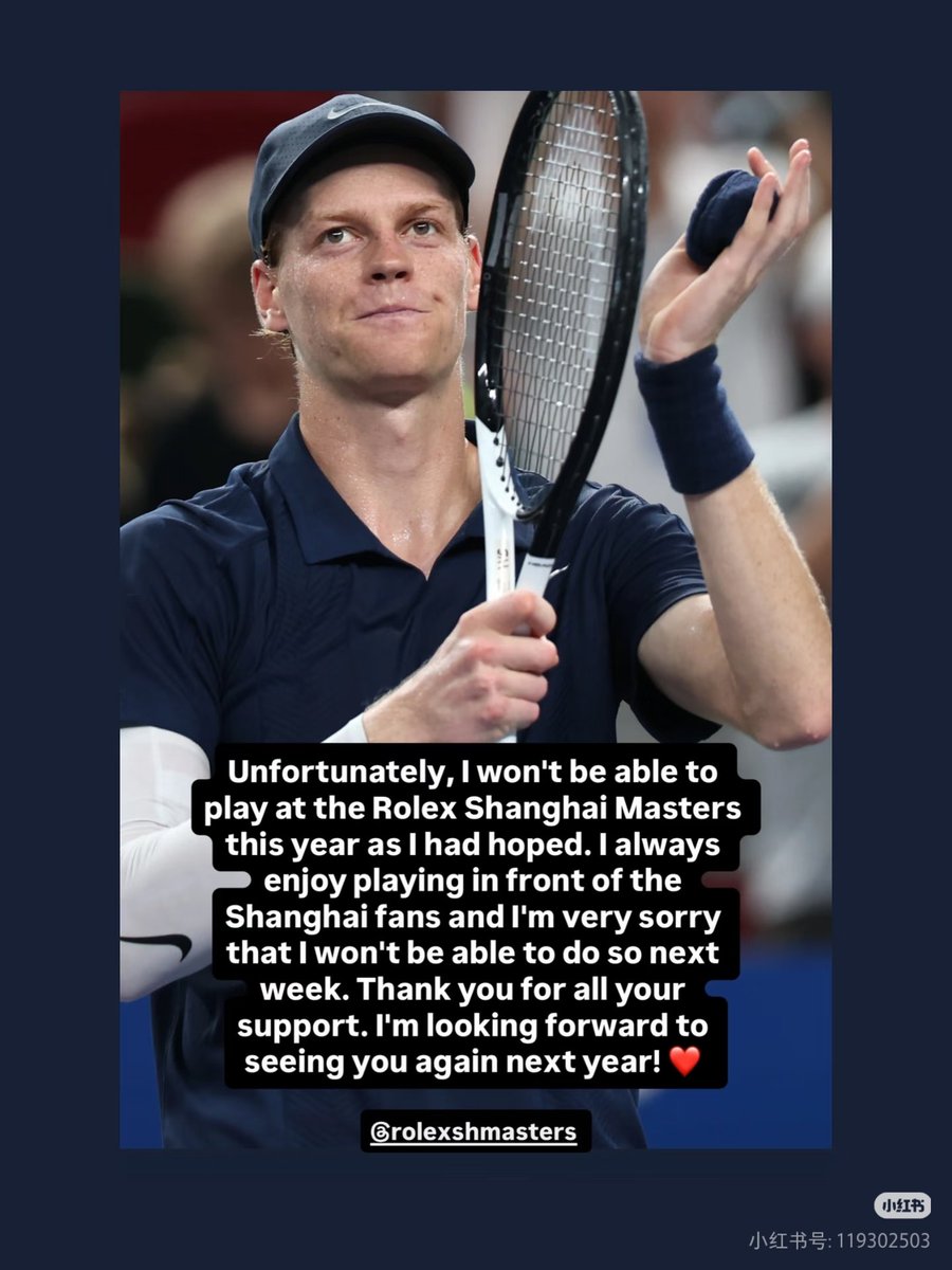 shanghaidaily's tweet photo. Jannik Sinner has announced he will miss this year’s Rolex Shanghai Masters. 💔 He apologized to Shanghai fans, thanked them for their support and said he looks forward to returning next year. https://t.co/ZKjo2s2UFZ