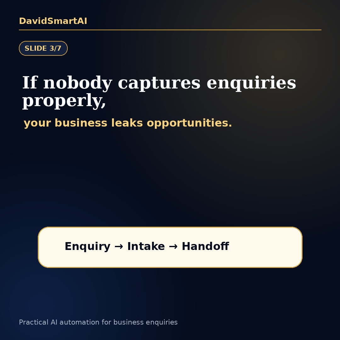 davidsmartai's tweet photo. Your business needs a front desk, even without an office.

Enquiries come through WhatsApp, calls, DMs and referrals.

If nobody captures and follows them up, opportunities disappear.

Practical AI can support intake, FAQs, reminders and human handoff.

DM FRONT DESK. https://t.co/dilxAAE9jC