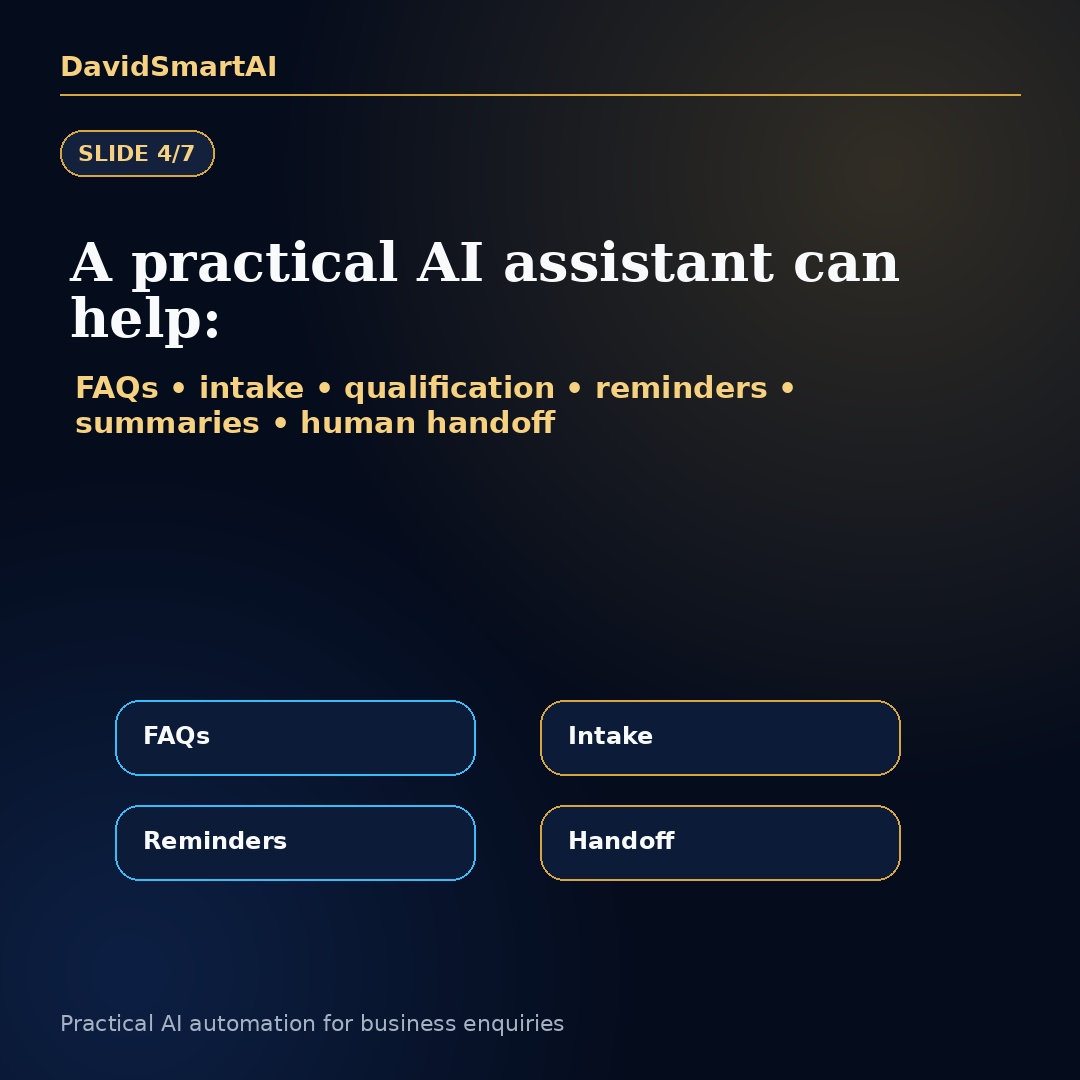 davidsmartai's tweet photo. Your business needs a front desk, even without an office.

Enquiries come through WhatsApp, calls, DMs and referrals.

If nobody captures and follows them up, opportunities disappear.

Practical AI can support intake, FAQs, reminders and human handoff.

DM FRONT DESK. https://t.co/dilxAAE9jC