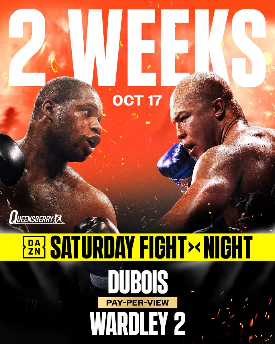 DAZNBoxing's tweet photo. In just 𝐭𝐰𝐨 𝐰𝐞𝐞𝐤𝐬, Daniel Dubois &amp; Fabio Wardley run it back 🙌💥

🎟️ Buy #DuboisWardley2 NOW at https://t.co/yxybEeoyF5 | Oct 17 | Exclusively live on DAZN 🔉 https://t.co/vKTXi15Xpl