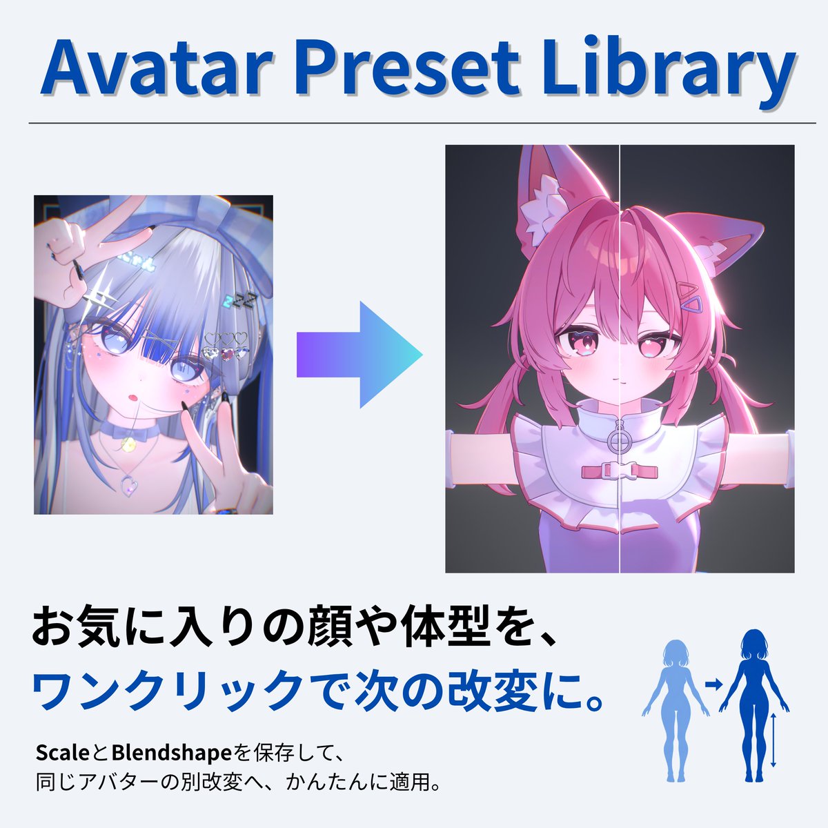 ayase33san's tweet photo. 自分で作った体型・顔を保存して、別の改変にワンクリックで適用できるツールを作っています！

【Avatar Preset Library】
・アバターのScaleやBlendshapeからプリセットを作成
・サムネ付きで見やすく一覧表示
・同じアバターの別改変に適用
・他のUnityプロジェクトにかんたん移植

公開に向けてテスター募集中！
募集詳細はリプライへ👇️

#VRChat
