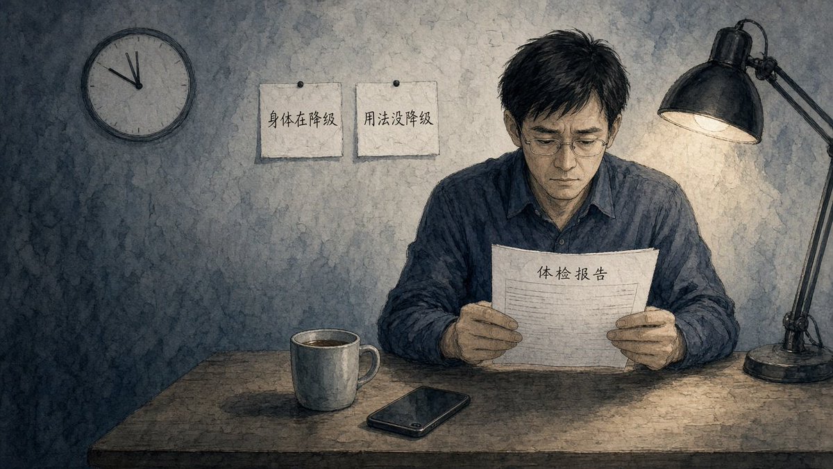 Markmnhe's tweet photo. 昨天跟我妈聊天，她说起以前医院的一个同事。

男的，牙医，比我大两三岁。当年在单位不受重视，干脆自己出来开牙科诊所，一家做成几家连锁。我妈说起他，用了一句老话：树挪死，人挪活。

前几天，他跟人吃完饭，骑电动车回家，路上摔了一跤，人就没了。

我半天没接上话。

吃饭、骑车、回家，每一件都是我自己天天在干的事。

更堵的是，他是挪成了的那一个。按我们这代人的剧本，后半段应该越过越好。结果剧本在一个最普通的晚上，断了。

以前听说谁走了，多半是七八十岁的老人，心里有准备。

这两年不一样。三月，张雪峰，41 岁。上周，刘欢，63 岁。再加上我妈嘴里那两个同事。

我没有数据能证明中年人更容易出事，也不想拿几个例子吓谁。我只知道，身边这份名单上的年纪，在往我这边靠。

到了这个年纪，身体确实在往下走。熬一个夜缓两天，半夜会醒，爬两层楼会喘。

问题不在身体变了，在于人没跟着变。

夜照熬，酒照喝，事照扛。年轻时摔一跤手一撑就起来，现在手还没撑出去，人已经着地了。可骑车、下楼梯，还是按年轻时的速度和胆子来。

身体在降级，用法没降级。这中间的差，平时看不出来，出事的时候一次性还。

心里也一样。

混得还行的，摸到天花板，要不停证明自己没过时，AI 来了以后每两个月就得重新证明一次。没混出来的，回头一事无成，往前也就这样了。

两头都要面对的，是父母慢慢远去。轮到你当别人的依靠，自己却没了港湾。

"人挪活"管的是你往哪儿走，不管你路上会不会摔。

挪成了，不等于扛得住。

我不是医生，就说几件自己这两天在想的小事：

骑电动车戴头盔，喝了酒别骑。
体检心脏和血压那几项异常了，就去看，别等。
胸闷、心慌别硬扛，别觉得睡一觉就好。
觉要睡够。这条我自己最做不到，写在这儿算立个字据。
心里有事，找个人说出来。中年男人最大的毛病是什么都憋着，憋到身体替你说话。

以前听人说"中年保命"，觉得是句玩笑。

现在不觉得了。

你身边，有没有这样突然走掉的同龄人？