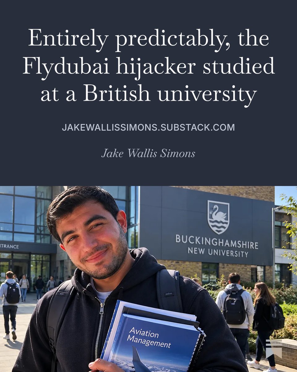 JakeWSimons's tweet photo. It was only a matter of time before the breadcrumb trail led to Britain! Hammam al-Hammami, the 29-year-old Omani co-pilot who allegedly tried to hijack a Flydubai flight to Israel with a crash axe, turns out to have studied at a British university.
Al-Hammami, who reportedly attacked the Indian captain, Smit Machchhar, as their Boeing 737 Max plunged 15,000ft, completed a three-year distance-learning degree in aviation management at Buckinghamshire New University. We don’t yet know if he was radicalised at university, but the British connection is horribly symbolic.
The attempted hijacking may raise extraordinary questions about security in Dubai, Oman and Israel, but it now also points to something Britain’s governing class has spent decades refusing to confront: we have become one of the West’s great safe havens for radical Islam.
Let’s look at the evidence...
New post. Link in first reply