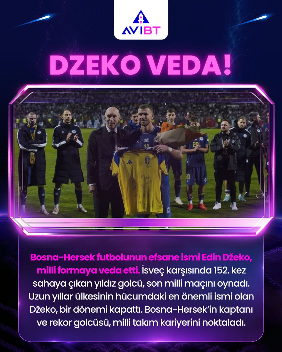avibetofficial's tweet photo. 💜 DZEKO MİLLİ TAKIMA VEDA ETTİ! 

⚽️ BosnaHersek efsanesi #EdinDzeko, milli formayla son maçına çıktı! 

İsveç karşısında 152. kez sahaya inerek dev bir dönemi kapattı.   

👑 Bir efsaneye veda! Dzeko'nun unutamadığınız golü hangisiydi? 🤔 https://t.co/1FD8ZV0Esr