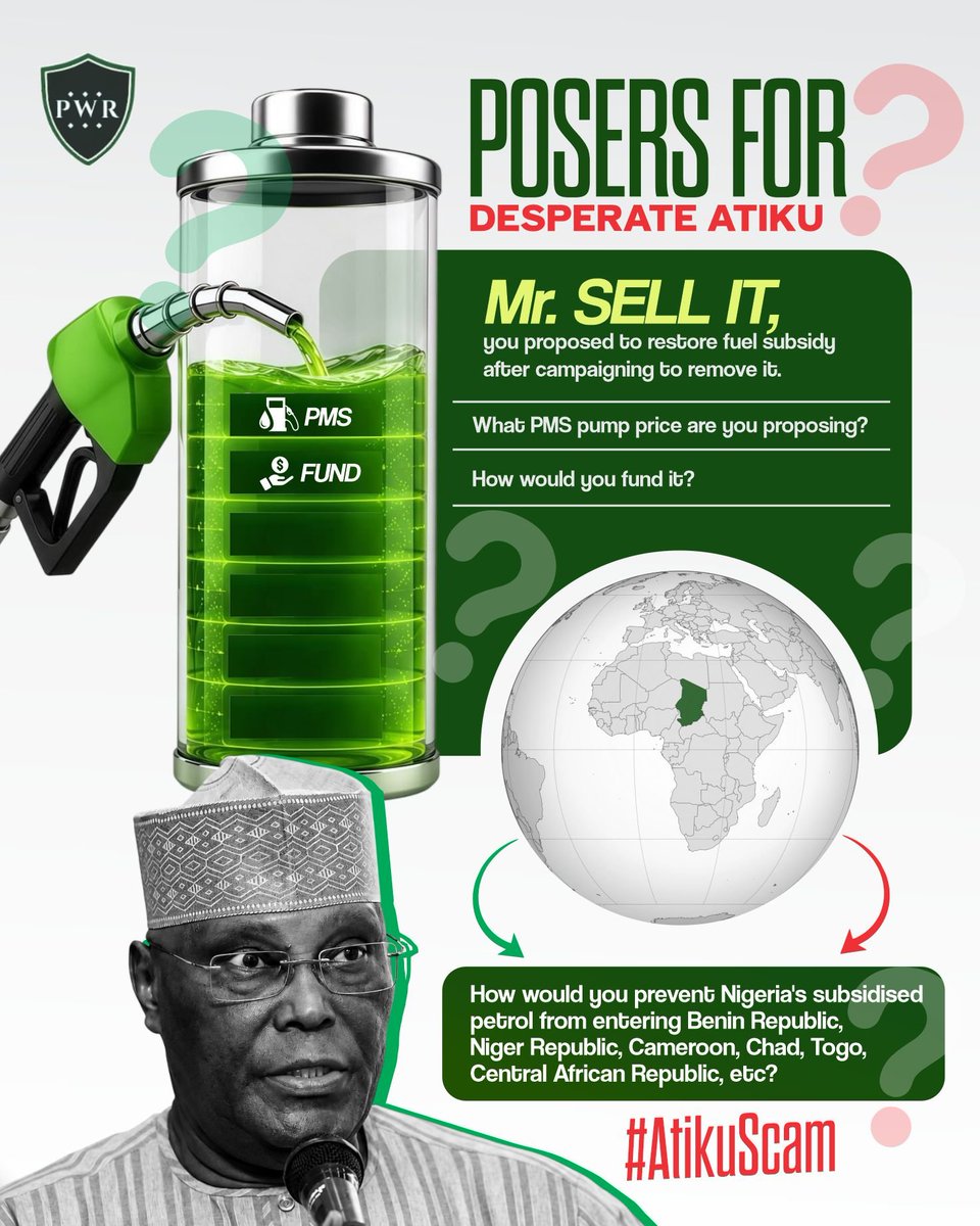 PBATWarRoom's tweet photo. Dear @atiku,

How do you intend to fund your promised fuel subsidy restoration?

Or is this another promise made out of desperation without any clear roadmap or funding plan?

Nigerians deserve an answer!!

#AtikuScam https://t.co/EOgOXWbDWc