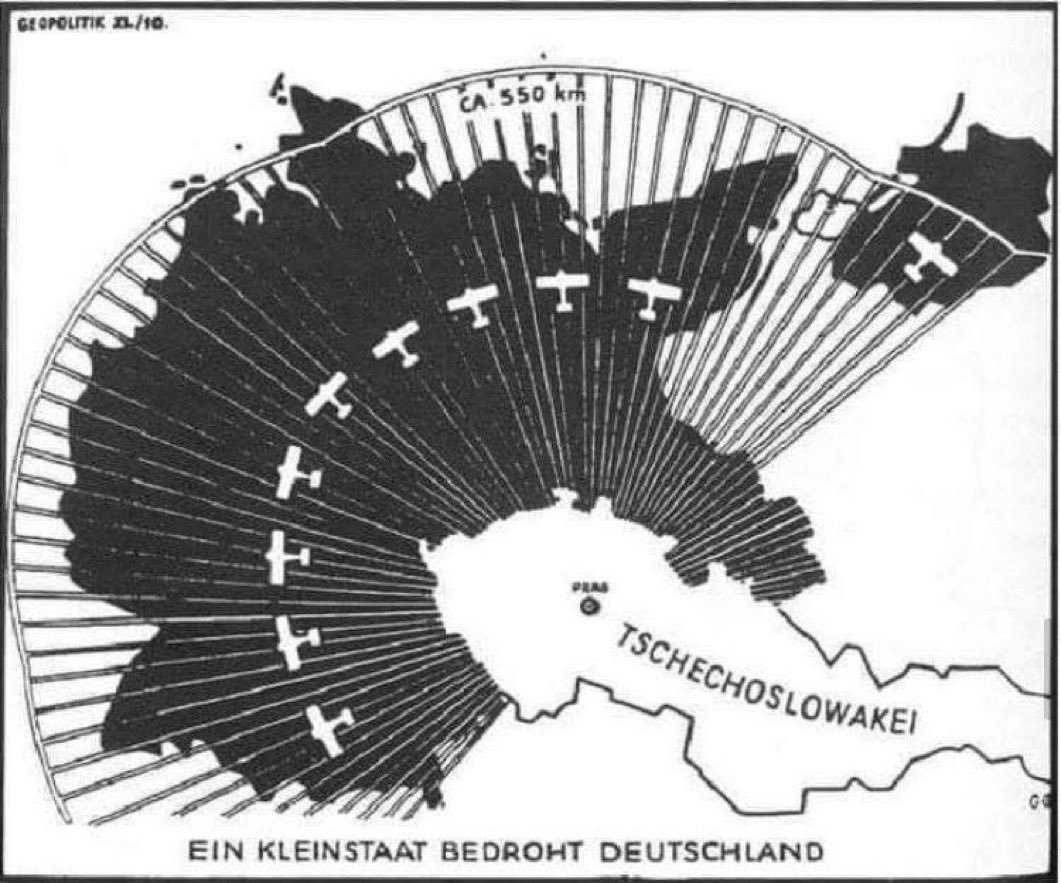 slantchev's tweet photo. Here is “Ukraine was threatening Russia” as published by the original Nazis in 1934.

The first image is from 1934 Zeitschrift für Geopolitik with caption “A small state threatens Germany,” and shows Ukraine — I mean Czechoslovakia — threatening Germany with NATO nukes, I mean bombers, so definitely in need of invading, I mean, defending against. 

Here, the cartographer took some liberties with the scale so that Germany would look a lot smaller or else it might have been harder to convey the enormity of the threat. 

The second image is my own rendering translated for the modern Nazis.