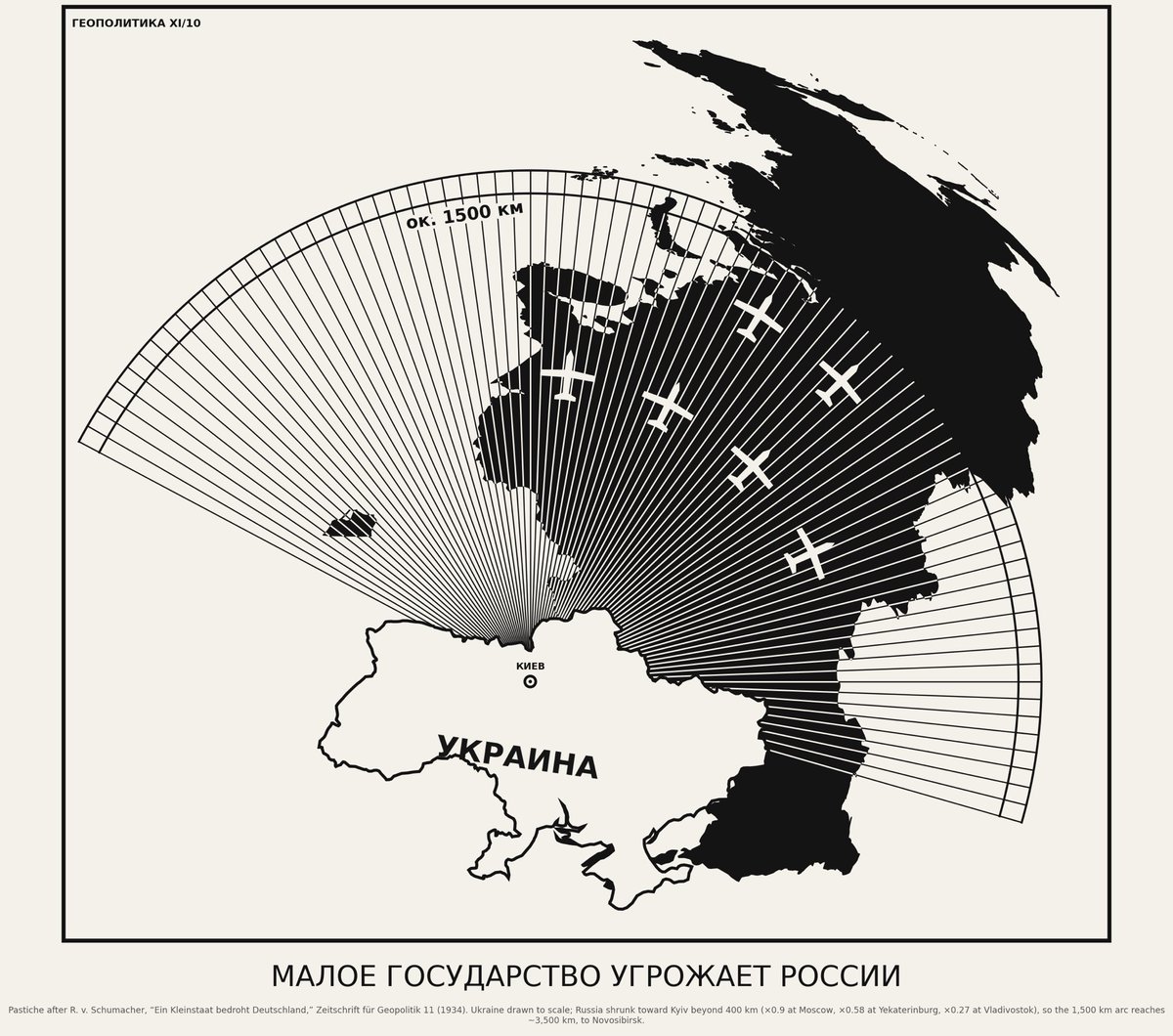 slantchev's tweet photo. Here is “Ukraine was threatening Russia” as published by the original Nazis in 1934.

The first image is from 1934 Zeitschrift für Geopolitik with caption “A small state threatens Germany,” and shows Ukraine — I mean Czechoslovakia — threatening Germany with NATO nukes, I mean bombers, so definitely in need of invading, I mean, defending against. 

Here, the cartographer took some liberties with the scale so that Germany would look a lot smaller or else it might have been harder to convey the enormity of the threat. 

The second image is my own rendering translated for the modern Nazis.