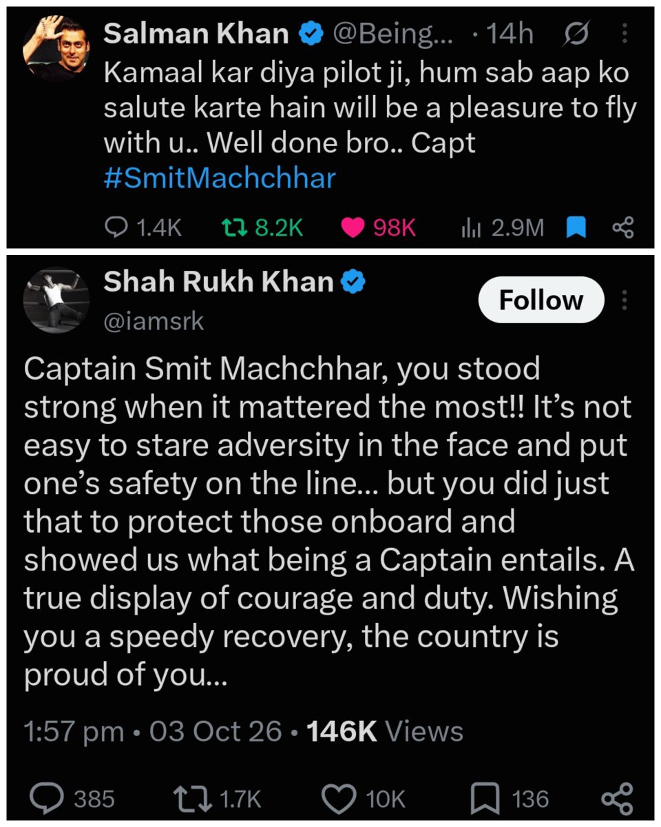 CaptainChris00's tweet photo. Both Salman & SRK tweeted about Captain #SumitMachchhar, Salman's tweet got 98K likes and 2.9M reach 🔥🔥
On the other hand, SRK's tweet only got 10K likes 😭
HAKLA thought his tweet would go viral just like Salman's & everyone would talk about it, but nobody gave a damn!😭🤣 https://t.co/UguJ4wyI4K