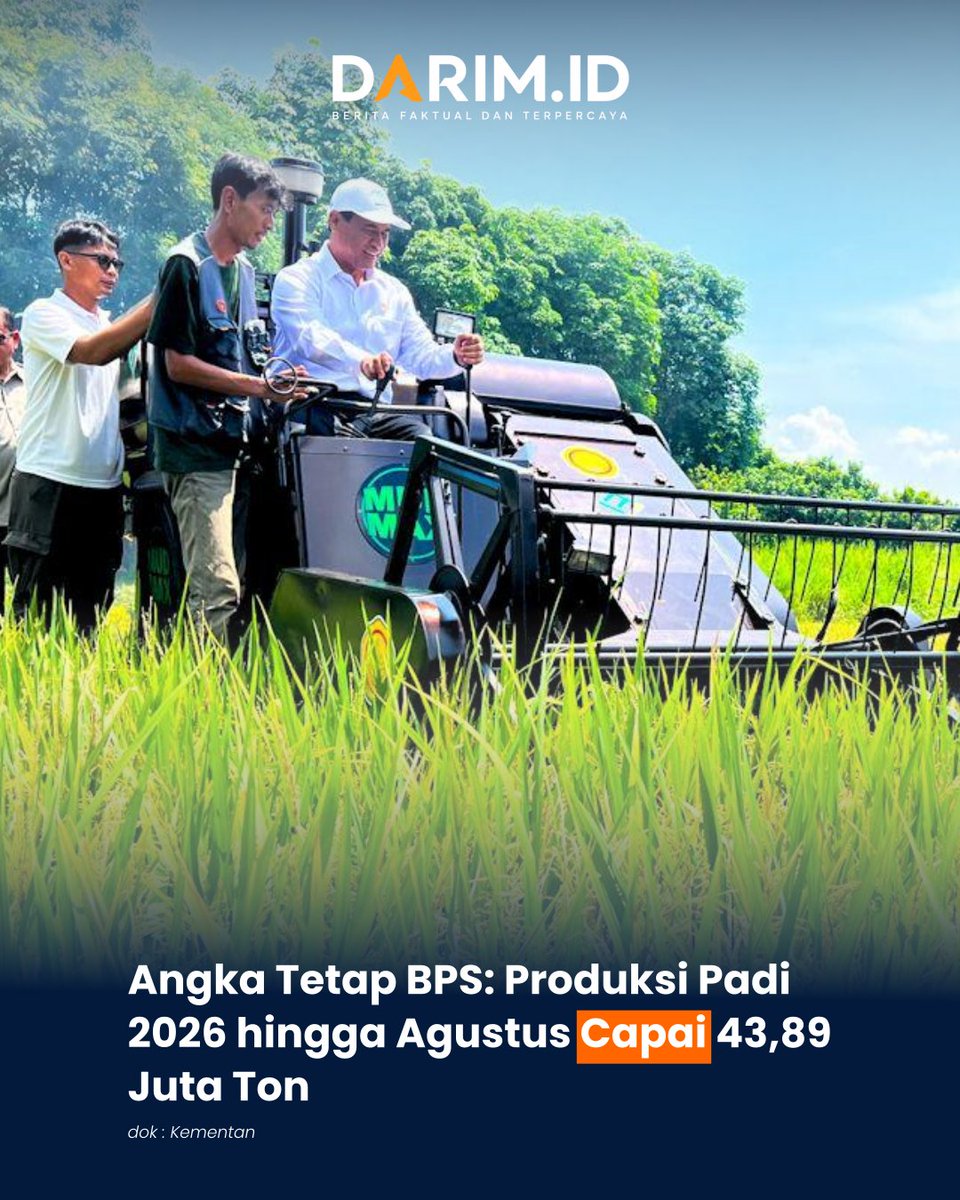 darimbdk's tweet photo. Angka Tetap BPS: Produksi Padi 2026 hingga Agustus Capai 43,89 Juta Ton

Baca berita selengkapnya di :
https://t.co/DExxbkEdOJ

Sumber : @kementan https://t.co/UtQoq3QFzU