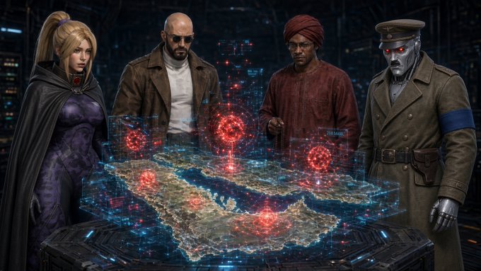 Four diverse figures—including a cloaked woman, a man in sunglasses, a robed individual, and a uniformed android—gather around a glowing holographic map displaying a Middle Eastern region with red virus-like icons, visually reinforcing the post's message about exposing a "Wahhabi Saudi virus." The cyberpunk-style imagery aligns with the post's tagline referencing "@Tlastbattalion" crew, suggesting a futuristic or metaphorical exposé.