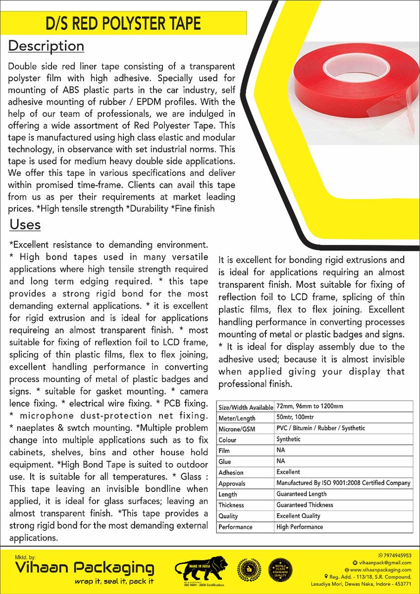 PackagingVihaan's tweet photo. Invisible bond line, maximum strength! ππ± Double Side Red Polyester Tape is ideal for automotive ABS trims, LCD screen frames & outdoor signs.
π +91 7974 945 953π https://t.co/q31Sbc8bUV
#redpolyestertape #doublesidetape #vihaanpackaging #industrialassembly #b2b https://t.co/Im0tea8qr1