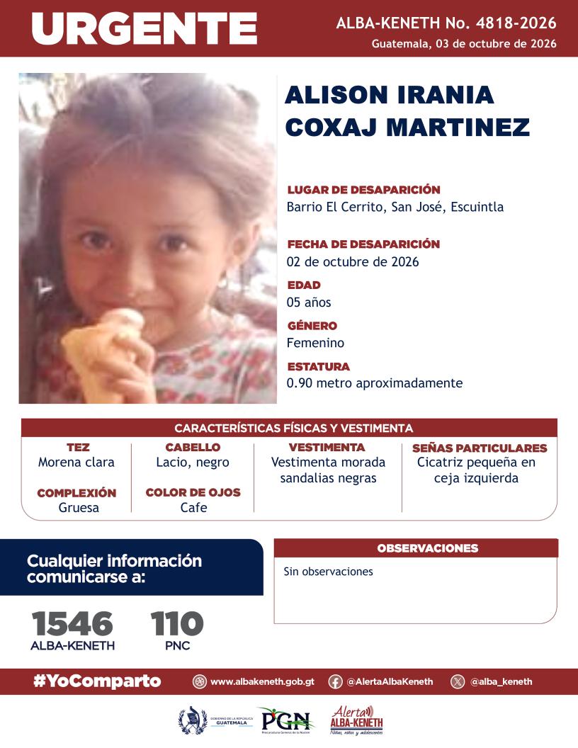 alba_keneth's tweet photo. #AlertaAlbaKeneth⚠️| Alison Irania Coxoj Martinez de 05 años de edad. Desapareció el 02 de octubre de 2026, en El Cerrito, San José, Escuintla

🔁Comparte y ayúdanos con su localización.
📞Si tienes información llama al 1546. #YoComparto https://t.co/9B8ECAiyJP