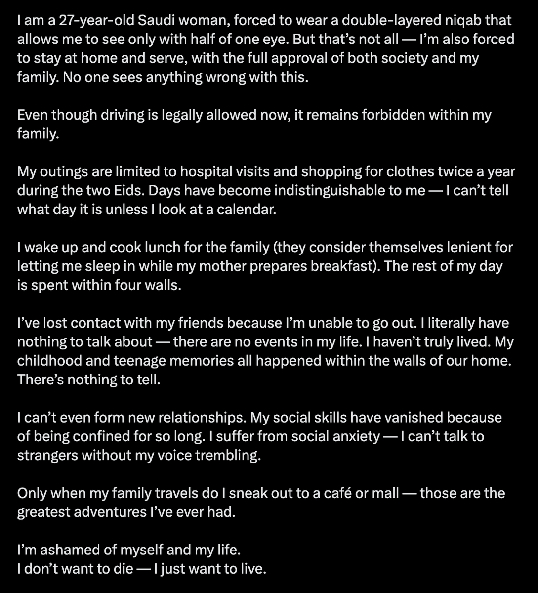 ThePosieParker's tweet photo. It's completely unimaginable that anyone has to live like this.  Like so many stories I've received this completely broke my heart.  The ordinariness of the things she longs to do and feel, the things I do everyday without a thought, without permission or a watchful eye.

This was sent to me last May. 

This is a stark reminder that women's freedom can be taken as it was given.  In the UK most of us are free, but the creep of this menace doesn't escape me.