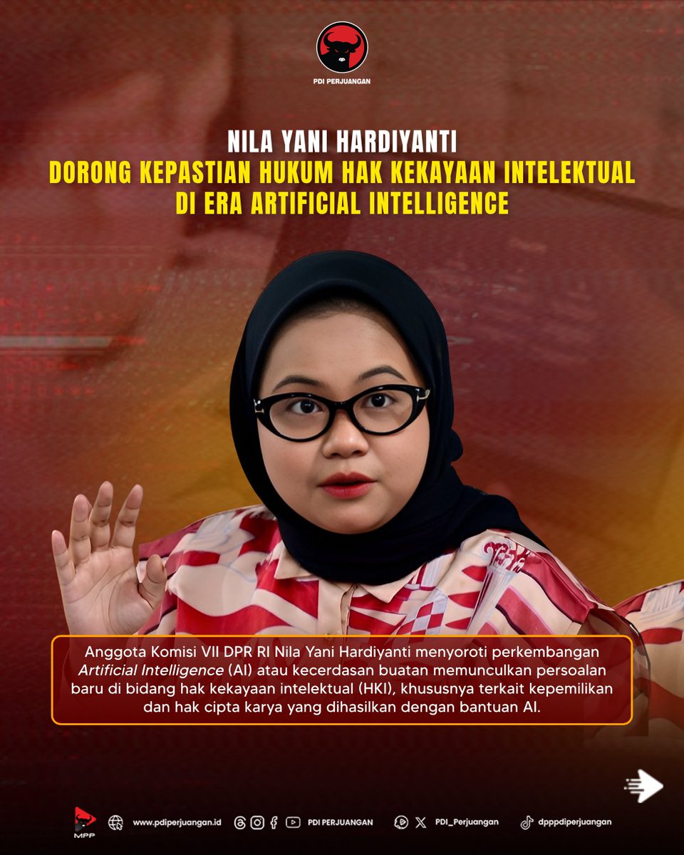 PDI_Perjuangan's tweet photo. Anggota Komisi VII DPR RI Nila Yani Hardiyanti menyoroti perkembangan Artificial Intelligence (AI) atau kecerdasan buatan memunculkan persoalan baru di bidang hak kekayaan intelektual (HKI), khususnya terkait kepemilikan dan hak cipta karya yang dihasilkan dengan bantuan AI. 

"Ini bukan sekadar persoalan hukum, melainkan menyangkut kepastian bagi mahasiswa, dosen, pelaku industri kreatif, serta ekosistem inovasi secara keseluruhan. Ekonomi kreatif bertumpu pada kekayaan intelektual. Kalau kepastian HKI-nya lemah, yang paling dirugikan adalah kreator muda dan pelaku UMKM kreatif," tegasnya.

#PDIPerjuangan
#MenangkanRakyat
#SatyamEvaJayate
#KebenaranPastiMenang
#SolidBerderap